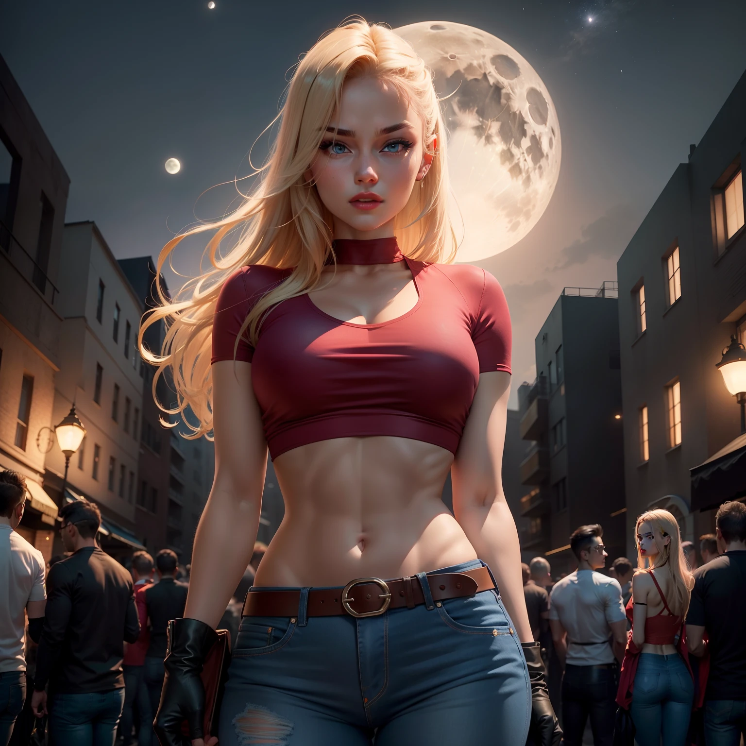A woman in a red top and jeans standing in a crowded street - SeaArt AI
