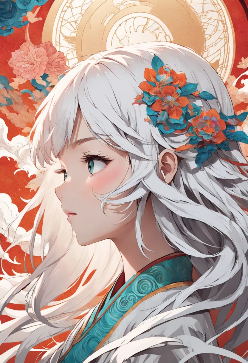 (White background:1.4),(Silhouette of a girl's head, Eyes closed, colorfull long hair, Oriental elements),(Chinese illustration:1.3,paper art:1.3, Quilted paper art:1.2),( reasonable design, Clear lines, High sharpness,Best quality, Very detailed, Masterpiece, movie light effect, 4K )