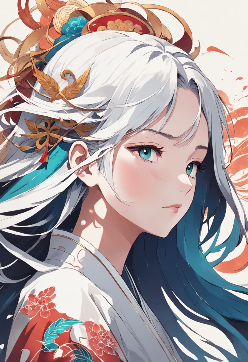 (White background:1.4),(Silhouette of a girl's head, Eyes closed, colorfull long hair, Oriental elements),(Chinese illustration:1.3,paper art:1.3, Quilted paper art:1.2),( reasonable design, Clear lines, High sharpness,Best quality, Very detailed, Masterpiece, movie light effect, 4K )