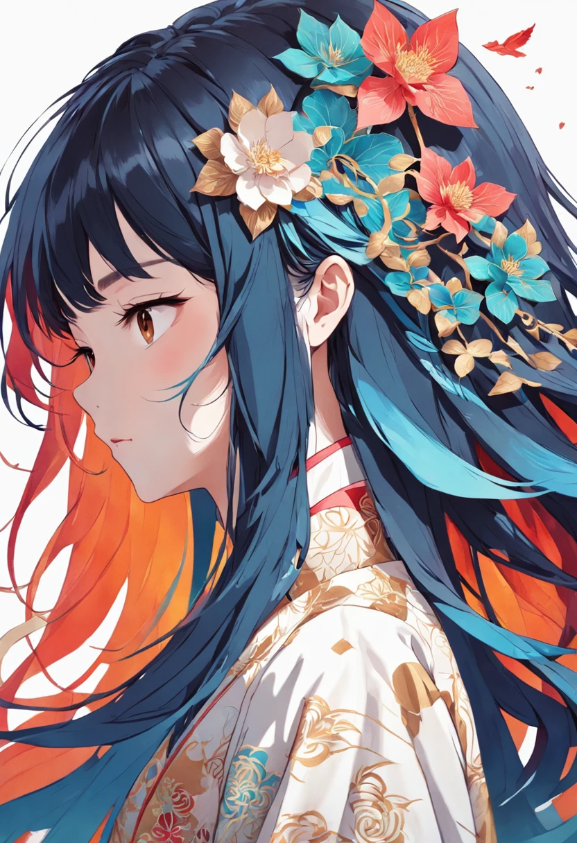 (White background:1.4),(Silhouette of a girl's head, Eyes closed, colorfull long hair, Oriental elements),(Chinese illustration:1.3,paper art:1.3, Quilted paper art:1.2),( reasonable design, Clear lines, High sharpness,Best quality, Very detailed, Masterpiece, movie light effect, 4K )