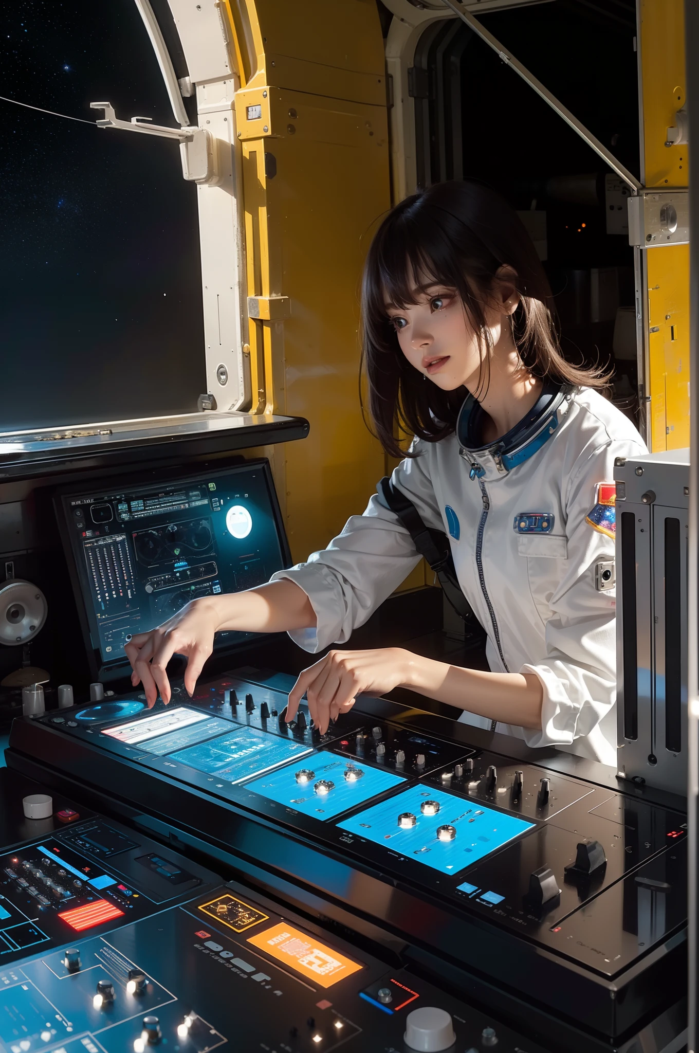 ((Best quality)), ((Masterpiece)), (Detailed), (inspiring), Astronaut DJ mixing music on cosmic dance floor,Old tube amplifiers,stellar, Mushrooms, (Celestial troughs:1.2), (Galactic rhythm:1.1), (Stellar beats:1.1), Pulsating neon lights, Futuristic DJ equipment, (Energetic posture:1.2), (Dynamic composition:1.1), (Medium shot:1.1), wallpaper hd