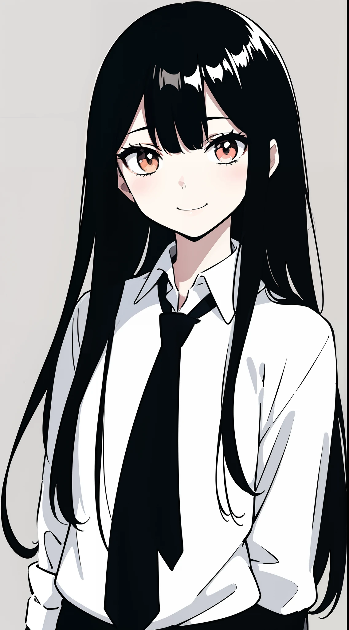 anime girl with long black hair and a white shirt and tie,((black and white portrait)),black and white picture,Smile,minimalist painting,Simple strokes,messy  hair,Cluttered lines,Messy bangs