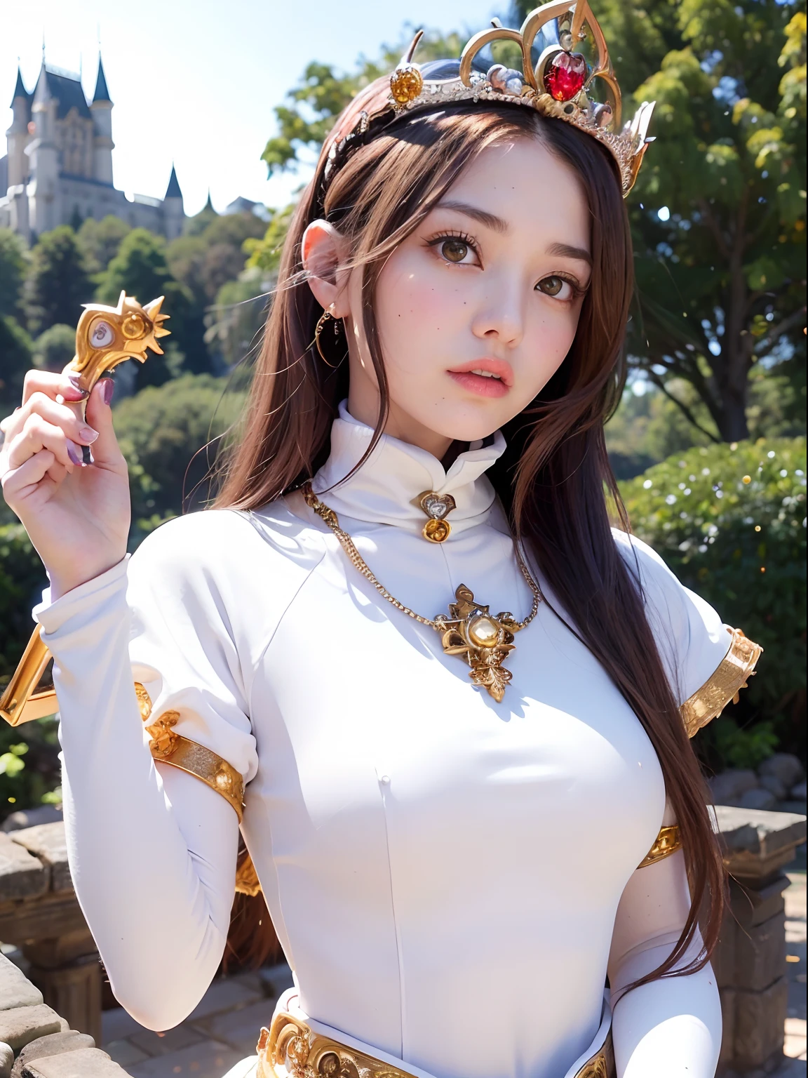 (masutepiece), Professional , masterpiece、top-quality、photos realistic , depth of fields (Gemstone Silver Metal Body:1.9),(Matte White、Jewel Gold Weapon、(Gorgeous castle background)、(ultimate beauty girl)、(Jewel Metal Body:1.4),Gorgeous Jewel Metal Weapons , Detailed Sword of the Brave ,( Tears from the eyes) ,warhammer 40k , adepta sororitas,Detail and ornate jewel crown、独奏、Brown hair、(Gangle's forest background)、Beautiful Caucasian beauty、1a person、dynamic ungle,(((Diamond tiara with detail and luxury)))、a small face、Powerful poses、(Gorgeous castle background)、huge filesize、20 year old beautiful woman、Stand in the center of the screen、Thin female fingers、Straight long hair、Beautiful Caucasian beauty、
