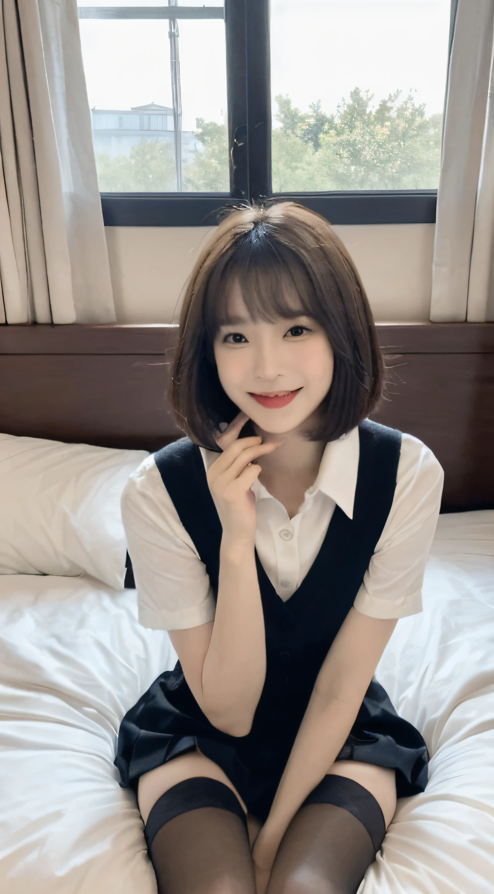 (1 Korean star with royal sister style), ((Best quality, 8K, 巨作: 1.3)), focal point: 1.2, Perfect body proportions: 1.4, (Make a smile), (Ray traching),Watery eyes, Highly Detailed Face and Skin Textur, Fine eyes, Double eyelids, Whitens the skin, (short detailed hair, By bangs: 1.3), (face round: 1.5), (JK school uniform: 1.4), (Lace view: 1.6),(black lence stockings: 1.4),(JK style:1.4),Cross ed leg,sit on a bed,full bodyesbian