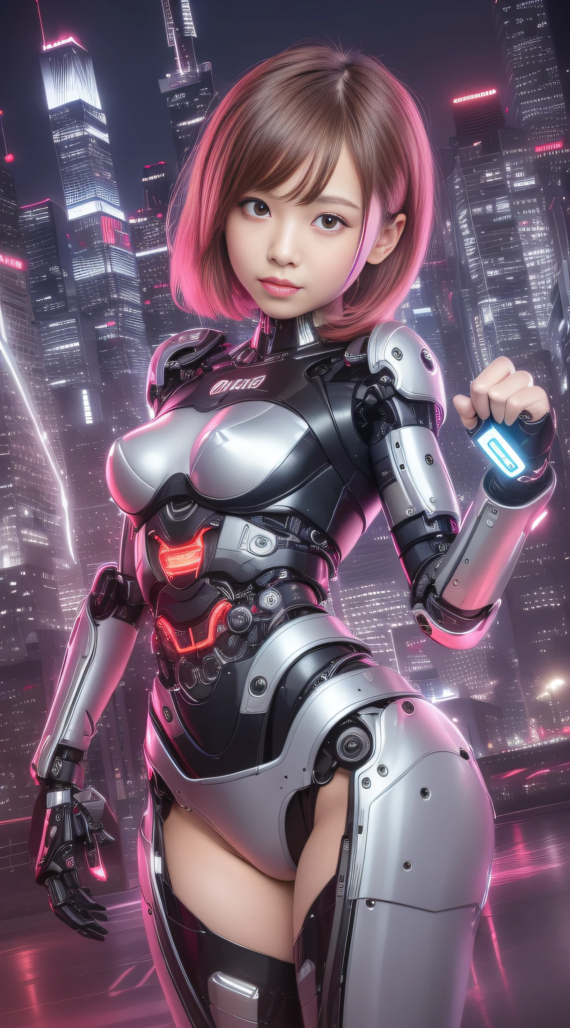 (Photorealsitic:1.4)、Onegirl、(top-quality)、(hyperdetailed face)、(Super well-formed face)、((Robot Parts))、(Cyborg girl)、(pink there)、(metalic)、(fullllbody)、(sexy  pose)、(Slender body)、(tits out)、(Model body type)、(mecha exposure)、(akihabara)、(is looking at the camera)、(A dark-haired)、(１０Head and body)、(a small face)、(Idol)、(front facing)、(Standing with legs open)、(Banzai pose with open arms)、(Photo session)、(Looks sad)、(Cyborg girl in nurse suit)、(sleeve less)、(a miniskirt)