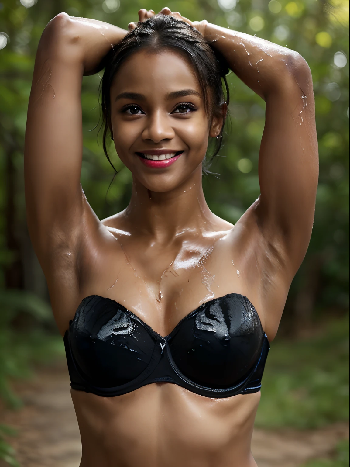 ((darkest skin、most BLACK skin、Armpit、Black shiny skin、Wet black armpits、shiny blackest skin!、 Black armpits、Pitch black skin like a black man！Wet shiny armpits、Pitch black armpit skin!、-yeld mo、full of sweat、Skin shiny with sweat、Realistic armpit wrinkles、Glossy armpits、improve the appearance of armpits、Armpit、Pitch black armpits、Take a pose with armpits visible、Full body close-up、Detailed black shiny armpits、Realistic black shiny armpits、Sweaty and glowing body、Detailed armpit wrinkles、full of sweat、Black detailed black armpits、Very black skin color、Caucasian and half-very dark-skinned woman、Black skin beauty、Black skin、Glossy armpits、Wet and see-through bra、Stand in the woods and show your armpits、Flesh-colored strapless bra、Woman with dark skin,  Smiling))、(high-ponytail Hairstyle、Caucasian and very black dark-skinned woman、8K、Caucasians with very dark skin）、Underwear models,, Flesh-colored strapless bra、Black panties、, 14years、Wen with the darkest skin))、Photorealistic perfect body、Armpit pose is standing normally、closeup picture, Best Quality, Armpits, Arms up, White bra、 at a forest、high-ponytail Hairstyle、Realistic, 8K、Glossy armpits、glowy skin