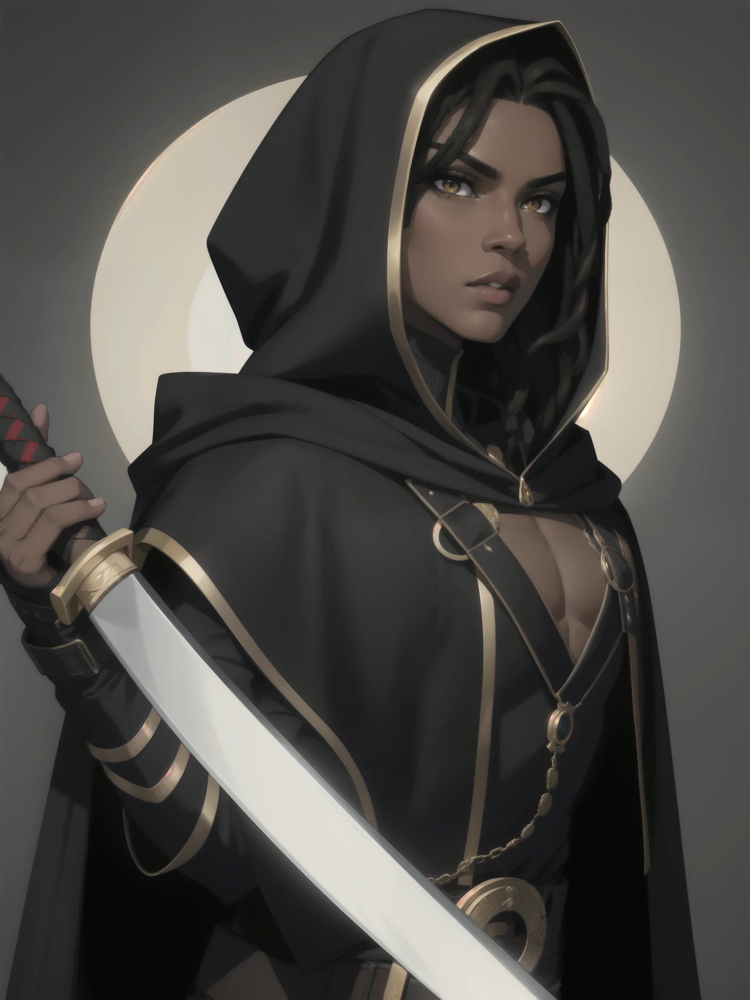 Portrait, Masterpiece, Excellent Quality, 1boy, solo, complex details, color diffusion, Prince, dark skin, ebony, brown skin, dark-skinned male, dark hair, black hair, dreadlocks, golden eyes, epic attire, assassin attire, cloaked, cloak, hooded, katana, badass, trending, demon prince, anti-hero, young, Sci-Fi, Fantasy