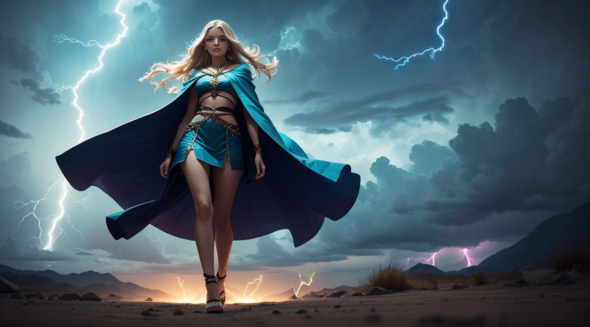 Red striped turquoise full body armor red cloak, Blonde girl standing posing for photos, Lightning surrounds girl, neon-light-effect, Wear beautiful high heels, Take a full-body photo, Lightning in hand, full body, ((ultra-detailed)), (detailed light), ((Expressionless)), ((an extremely delicate and beautiful)), ((lightning in hand)), (((Many lightning bolts are connected together))), ((Suspended colorless crystal)), perfect eyes, Perfect iris, 64K, (illustration), from below, (((best quality))), (((masterpiece)))