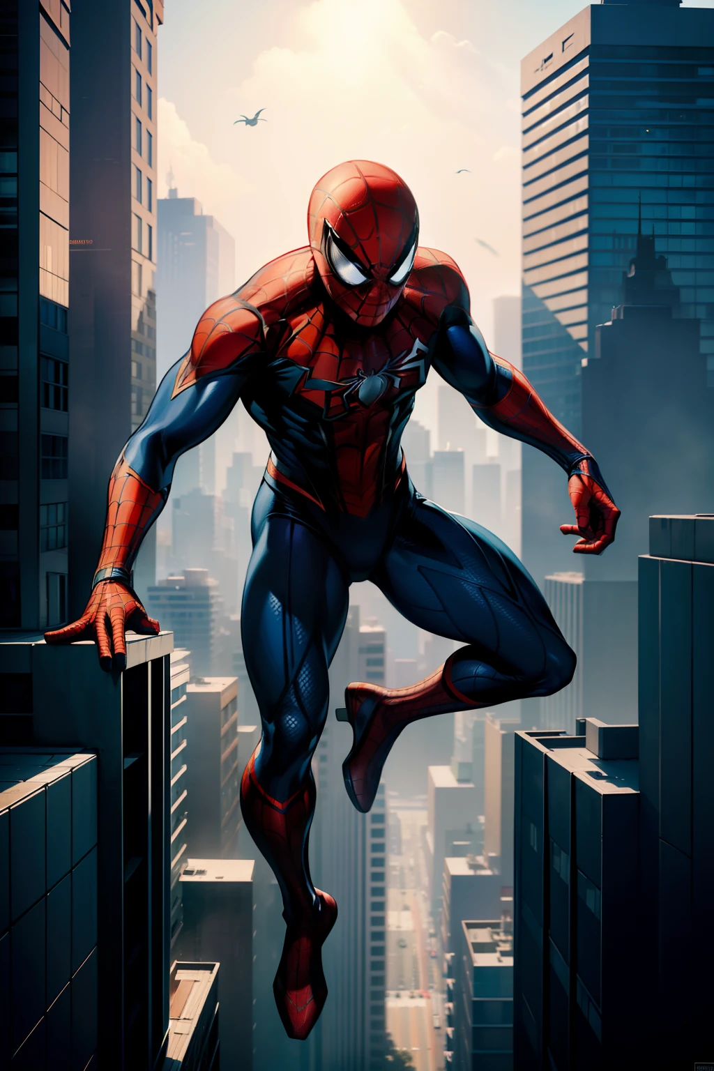 (ultra realistic, highly detailed:1.4), best quality, masterpiece,spiderman in a dynamic pose, swinging through a bustling cityscape at dusk, ((with skyscrapers and neon lights in the background)), ((emphasizing the sense of speed and movement)), ((in the style of comic book illustrations)), ((vibrant colors and bold lines)), capturing the moment of action as he shoots webs from his wrists towards an unseen villain, ((cinematic and epic atmosphere)), showing the intensity and agility of Spiderman as he navigates between buildings effortlessly, ((with dramatic shadows and highlights)), ((highlighting the iconic red and blue costume)), ((emulating the sense of height and vertigo)), ((with an attention to detail on the textures of buildings and materials)), ((utilizing depth of field to enhance the foreground and background separation)).