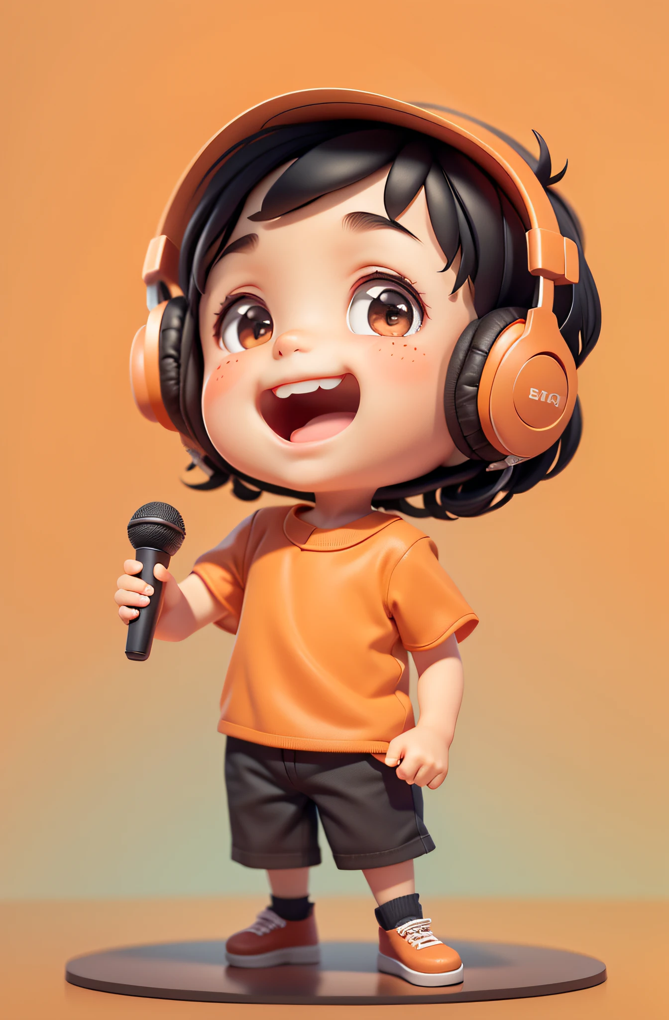 a cute little boy, 1boy is singing, wearing orange shirt, brown dress, black hair, black eyes, delicate eyes, happy smile, have headphones, clean background, delicate gloss, 8k