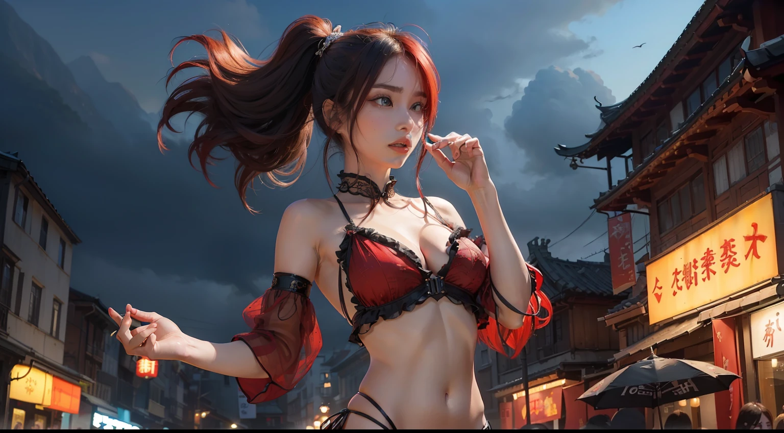 (realisitic,Photorealsitic:1.4),(1 beauty:1.3),(beautiful countenance:1.5),Detailed shiny skin,A detailed eye,Precise hands and fingers,8K HDR, , masterpiece, (Dynamic Angle Video),电影灯光, Finely drawn backgrounds,(The dim,dramatic lighting,No sunlight)Chinese model,ragged clothes,Hair with red mesh,Ruffled hair,Belgrade,tourist destination,Surprised,Smaller chest,