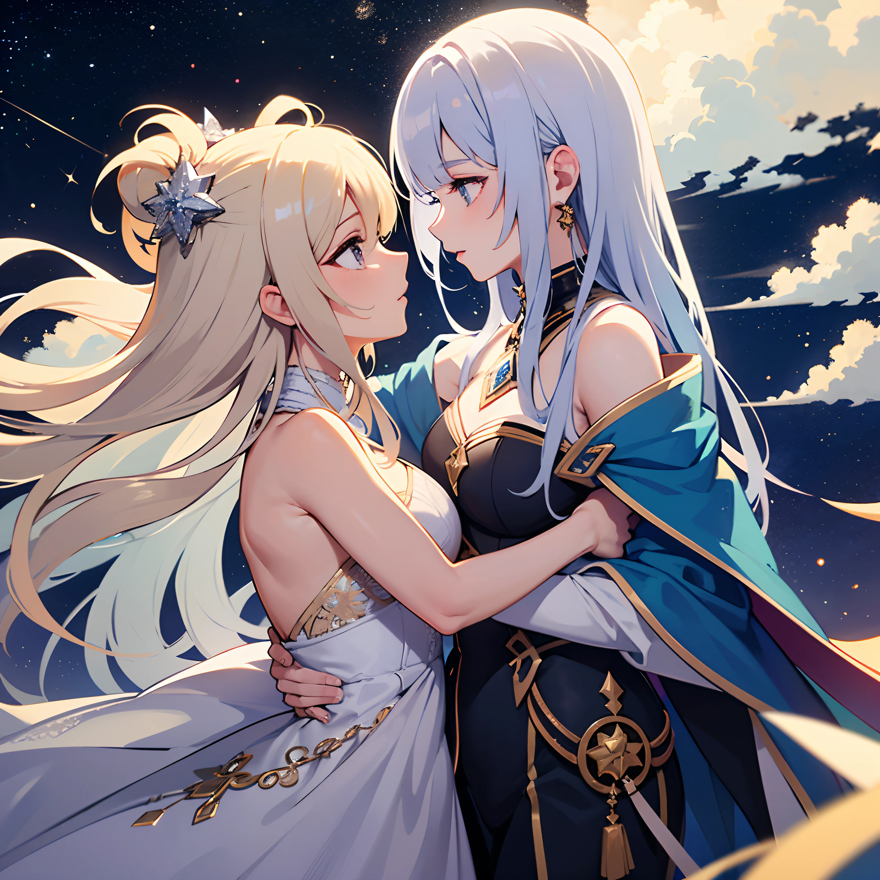 tmasterpiece,top-quality,best qualityer,offcial art,Beauty and aesthetics,The upper part of the body,seen from the side,looking at viewert,Patterned,White color hair,Long hair,Eau,liquids,clouds,janelas,Starry,As estrelas,Affectionate look