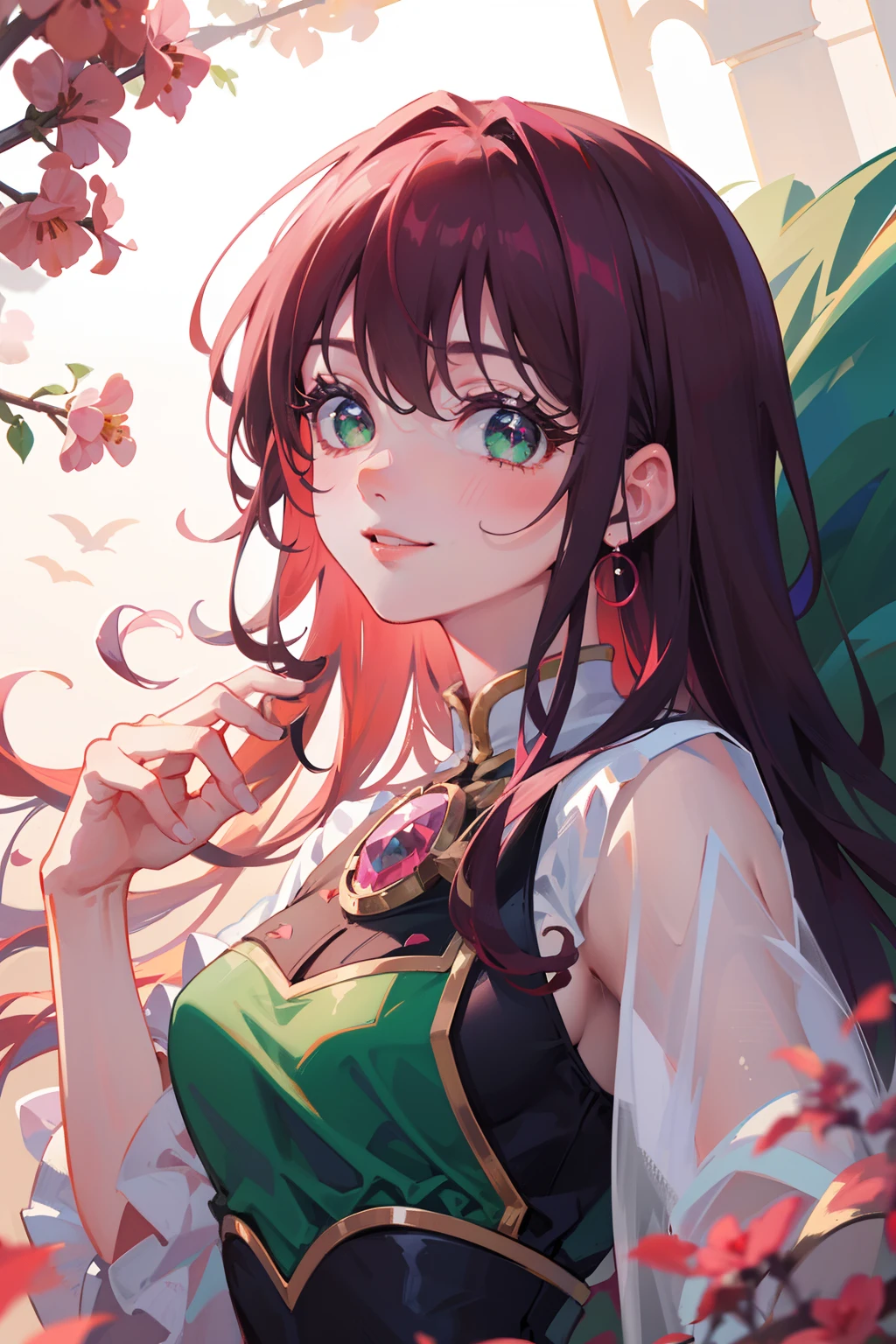 (Masterpiece), (Best quality), 超高分辨率, Sharp focus, ((1 woman, Solo)), (Quinacridone magenta hue), Upper body, dutch shot, Beautiful detailed hair, Chestnut brown hair, Long hair falling down, ((Beautiful eye shape, Green shaded eyes)), Beautiful detailed face, perfect feminine face, Comfortable face, Look at the viewer, ssmile
