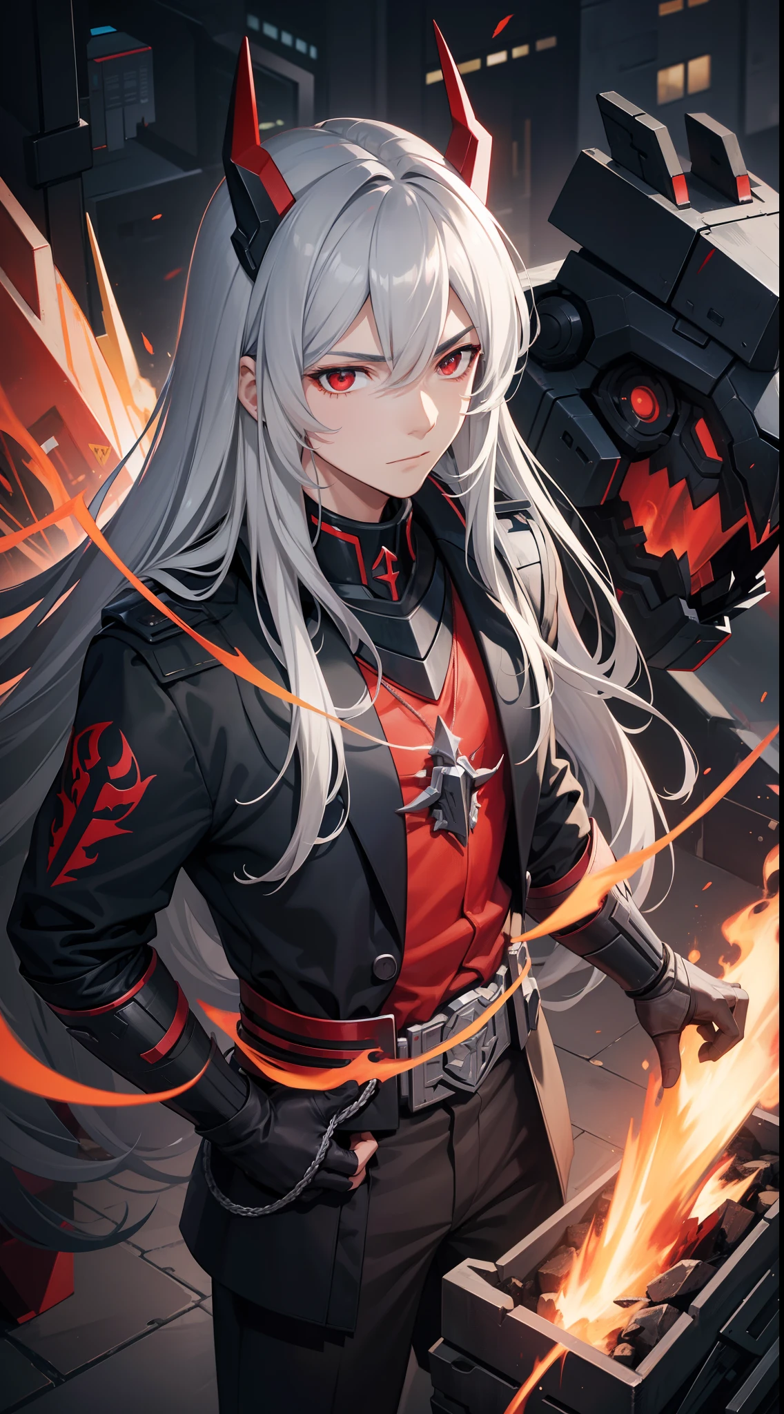 young boy, long gray hair, red eyes, The Iron Mantle of Cybertron, open torso, Iron horns, Masterpiece, hiquality