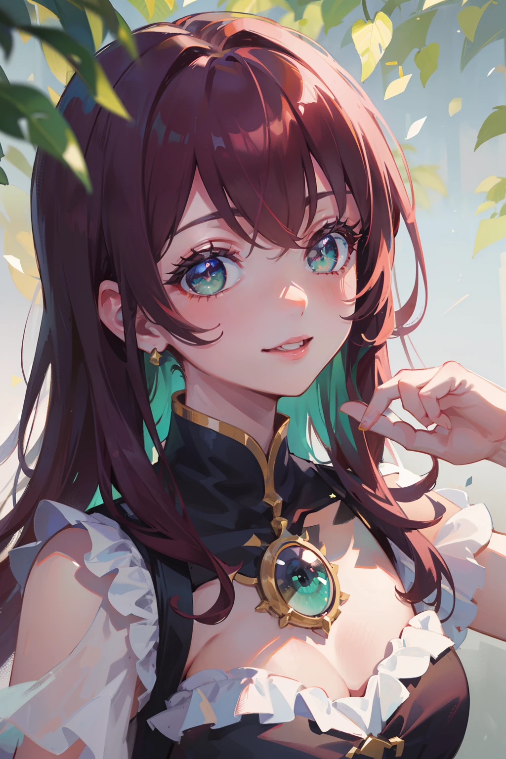 (masterpiece), (best quality), ultra high res, sharp focus, ((1 woman, solo)), (quinacridone magenta shade tone), upper body, dutch shot, beautiful detailed hair, chestnut brown hair, long hair tumbles down, ((beautiful shape eyes, green shade eyes)), beautiful detailed face, perfect feminine face, comfortable face, look at the viewer, smiles