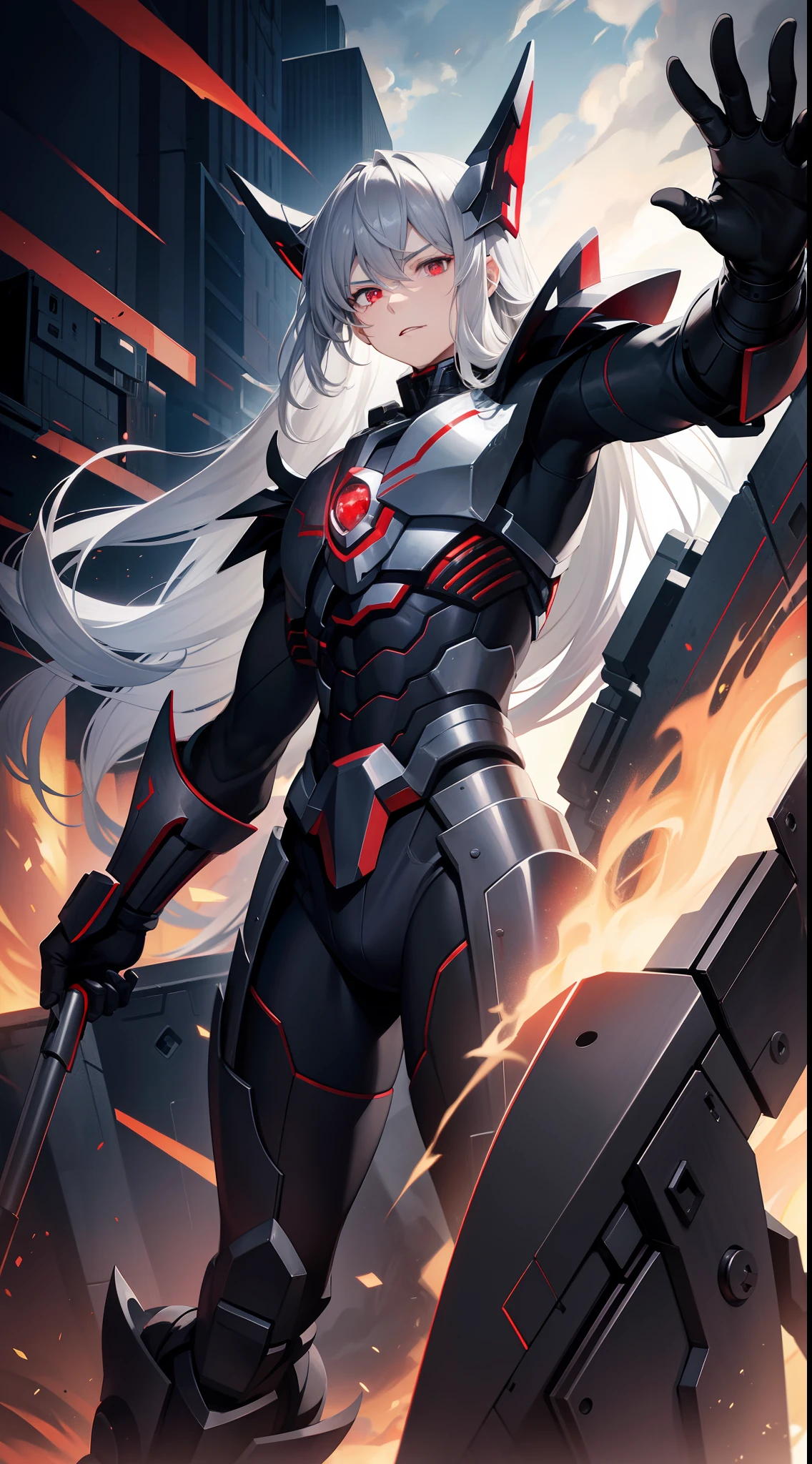 young boy, long gray hair, red eyes, The Iron Mantle of Cybertron, open torso, Iron horns, Masterpiece, hiquality