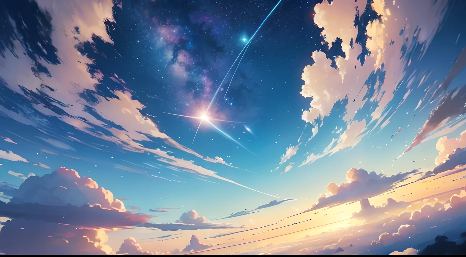（best qualtiy），（tmasterpiece），（ultra - detailed），（high detal），（The is very detailed），The subject：Anime Sky Dream Medium：Digital illustration or traditional painting。 Resolution：4000x2000 pixels。 Color Palette：Pastel pastel colors blend with vibrant hues。 sentiment：magical、aethereal、peacful。 composition：Wide sky，Floating islands，Whimsical clouds and other fantastic elements。 illuminating：Soft and diffuse lighting，It emits a warm golden glow。 styled：style of anime，With a touch of fantasy and surrealism。 the detail：Including meteors、Colorful nebula、Elements such as fluffy clouds and mysterious creatures。 Inspiration：Anime fantasy world、studio ghibli movie、Surreal art and celestial images。 camera settings：Nothing（Because it is a digital illustration）。 Additional Notes：Emphasize the vastness and beauty of the sky by creating a sense of depth and space。Try various cloud formations and shapes，From fluffy cumulus clouds to slender cirrus clouds。Combined with satellites、Celestial elements such as stars and galaxies，to enhance the fantastic atmosphere。Use soft strokes and blending techniques，Create a seamless and ethereal look。Use lighting effects，Such as soft sunlight or glowing spheres，Add a magical touch。Consider adding whimsical creatures like wyverns or floating jellyfish，Bring a sense of wonder to the scene。Don't be afraid to let your imagination soar，Create a fantasy world that captures the essence of anime fantasy。