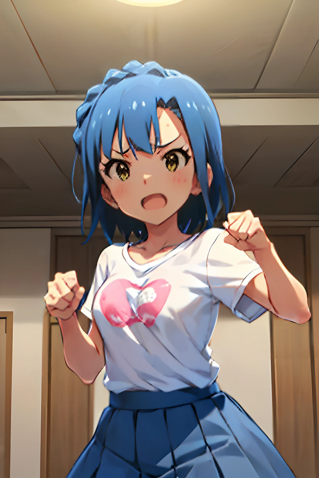 yuriko nanao (million live). Short stature. (((white t-shirts))).(((Skirt))).(((masterpiece))).(((best quality))).((Ultra-detailed))).(((illustratio))). (((fighting stance))).(((a room))).(((Clench your fists))).(((up chest))).Despair face.(((short-hair))).((Medium chest)).((Opening Mouth)).