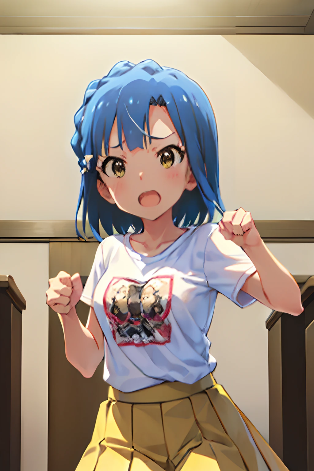 yuriko nanao (million live). Short stature. (((white t-shirts))).(((Skirt))).(((masterpiece))).(((best quality))).((Ultra-detailed))).(((illustratio))). (((fighting stance))).(((a room))).(((make a fist))).(((up chest))).Despair face.(((short-hair))).((big breasts)).((Opening Mouth)).