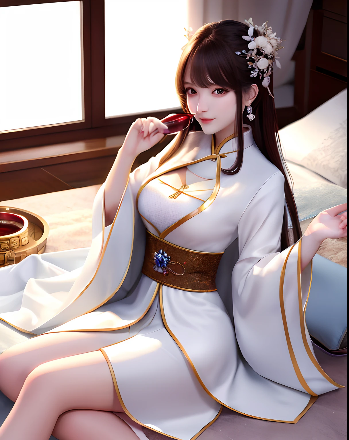 at night,whole body,KOF:mai shiranui ,(((Transparent ancient Chinese palace embroidered clothing;Golden lace))), jewelry ,Graceful sitting,masterpiece,Highest quality,Official Art,Very detailed, 3d, Cinema 4D,8k,Realistic:1.4, ( ##Color Tattoo ##,Color Tattoo, ~+Color Tattoo:1.6),(Perfect female curves, Huge breast),(A seductive gaze), To the camera, Pink Lips,Delicate fingers and hands,Magic Hour, Rembrandt Lighting, Front and fill lights, Hard Shadows,Camel Toe、Giant tit、Nipple Puffs、Cleavage、Plump、Super big breasts、Super big butt、Bubble butt、((Mai Shiranui、Succubus))