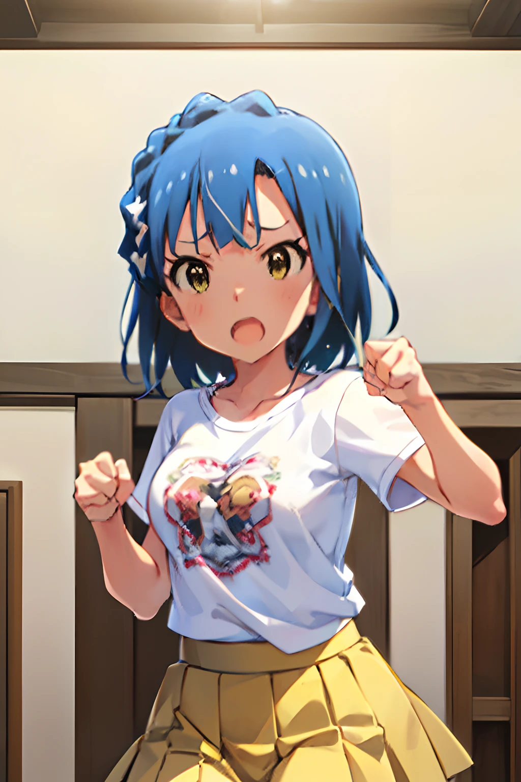 yuriko nanao (million live). Short stature. (((white t-shirts))).(((Skirt))).(((masterpiece))).(((best quality))).((Ultra-detailed))).(((illustratio))). (((fighting stance))).(((a room))).(((make a fist))).(((up chest))).Despair face.(((short-hair))).((big breasts)).((Opening Mouth)).