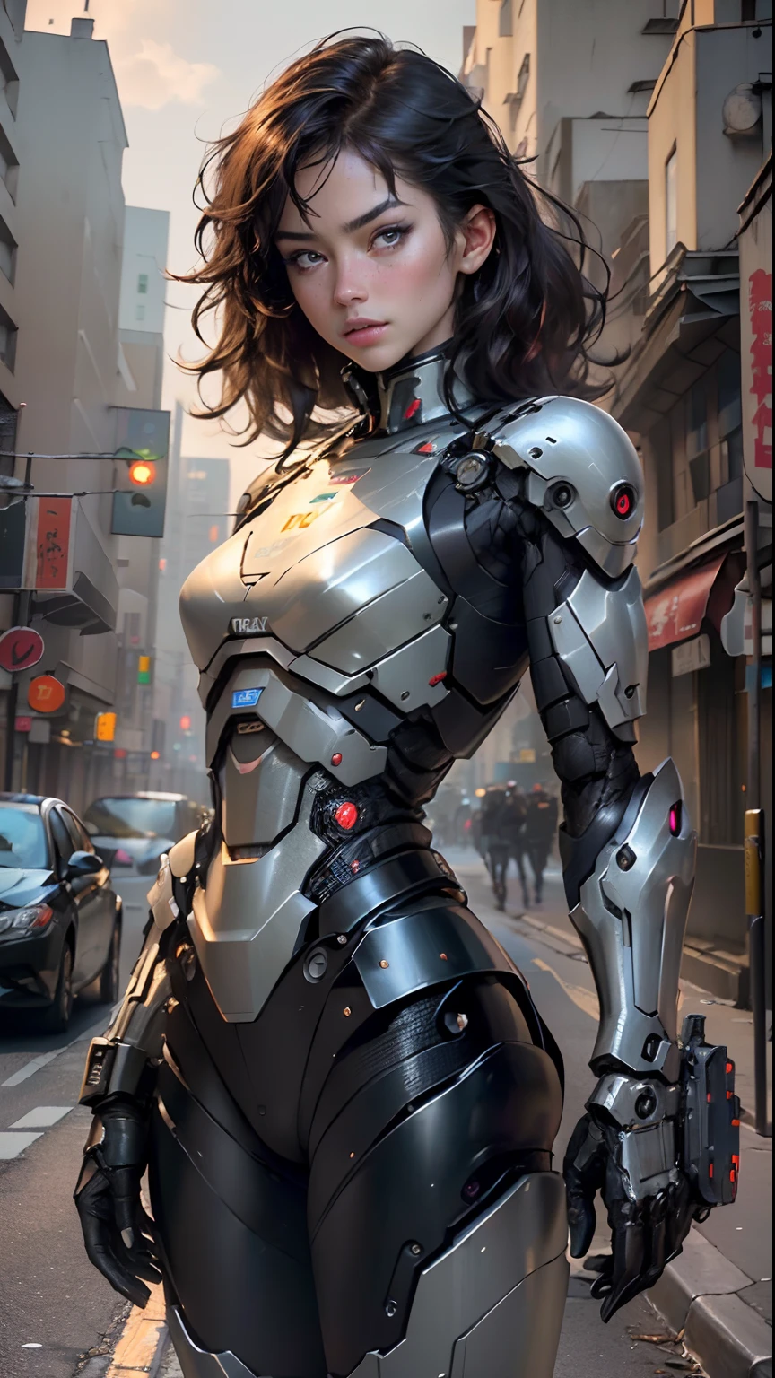 ((Realistic lighting, best qualtiy, 8k, tmasterpiece:1.3)), sharp fokus:1.2, 1girl, Beautiful Women with Perfect Figure:1.4, Slim abs:1.1, ((dark brown hair)), (flesh body,Mechanical skeleton,Transparent tulle:1.4),(exteriors,during night:1.1),the city street,Ultra-fine face,Fine eyes,二重まぶた,Robocop,AUTO-9 semi-automatic pistol,