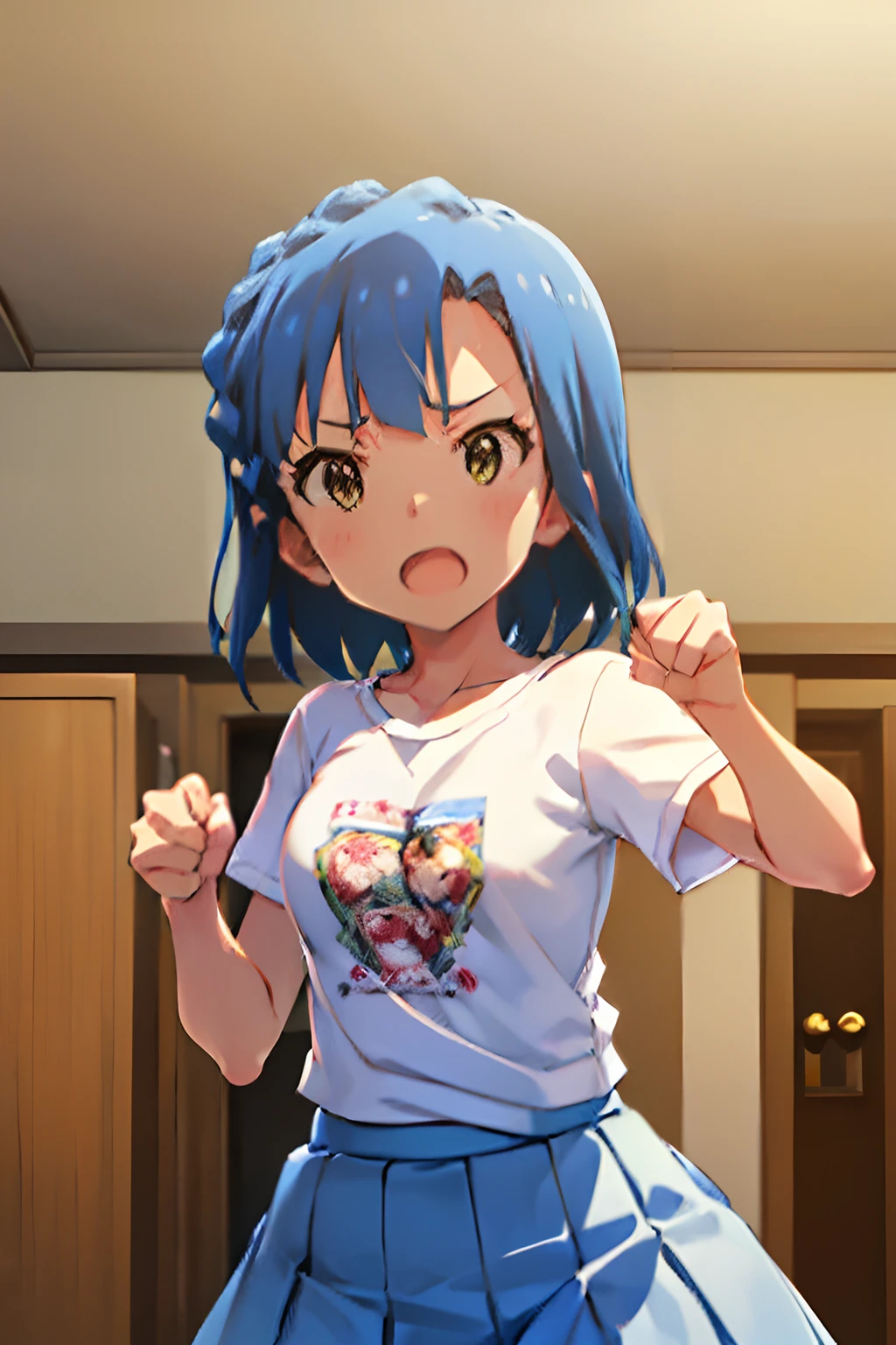 yuriko nanao (million live). Short stature. (((white t-shirts))).(((Skirt))).(((masterpiece))).(((best quality))).((Ultra-detailed))).(((illustratio))). (((fighting stance))).(((a room))).(((make a fist))).(((up chest))).Despair face.(((short-hair))).((big breasts)).((Opening Mouth)).