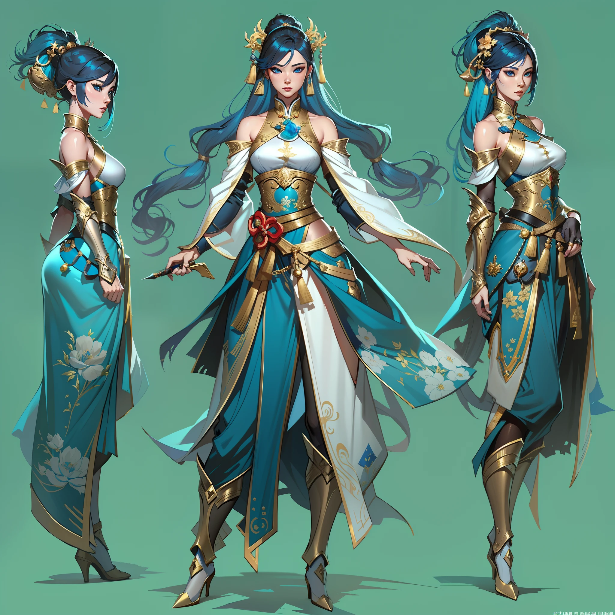 a close up of a short woman in her 30's, with blue eyes and ocean blue hair, wearing a blue and black gown dress, a chinese empress with blue eyes, female swordswoman, chinese princess, standing in a chinese temple, new costume concept design, in the style of blade and soul, full body character concept, detailed character design, inspired by Yang Jin, inspired by Li Mei-Shu, lunar themed attire, costume with gold accents, inspired by Ju Lian, colored concept art, highly detailed character design, highly detailed face, inspired by Ai Xuan, very highly detailed face, unreal engine render, final fantasy 14 style