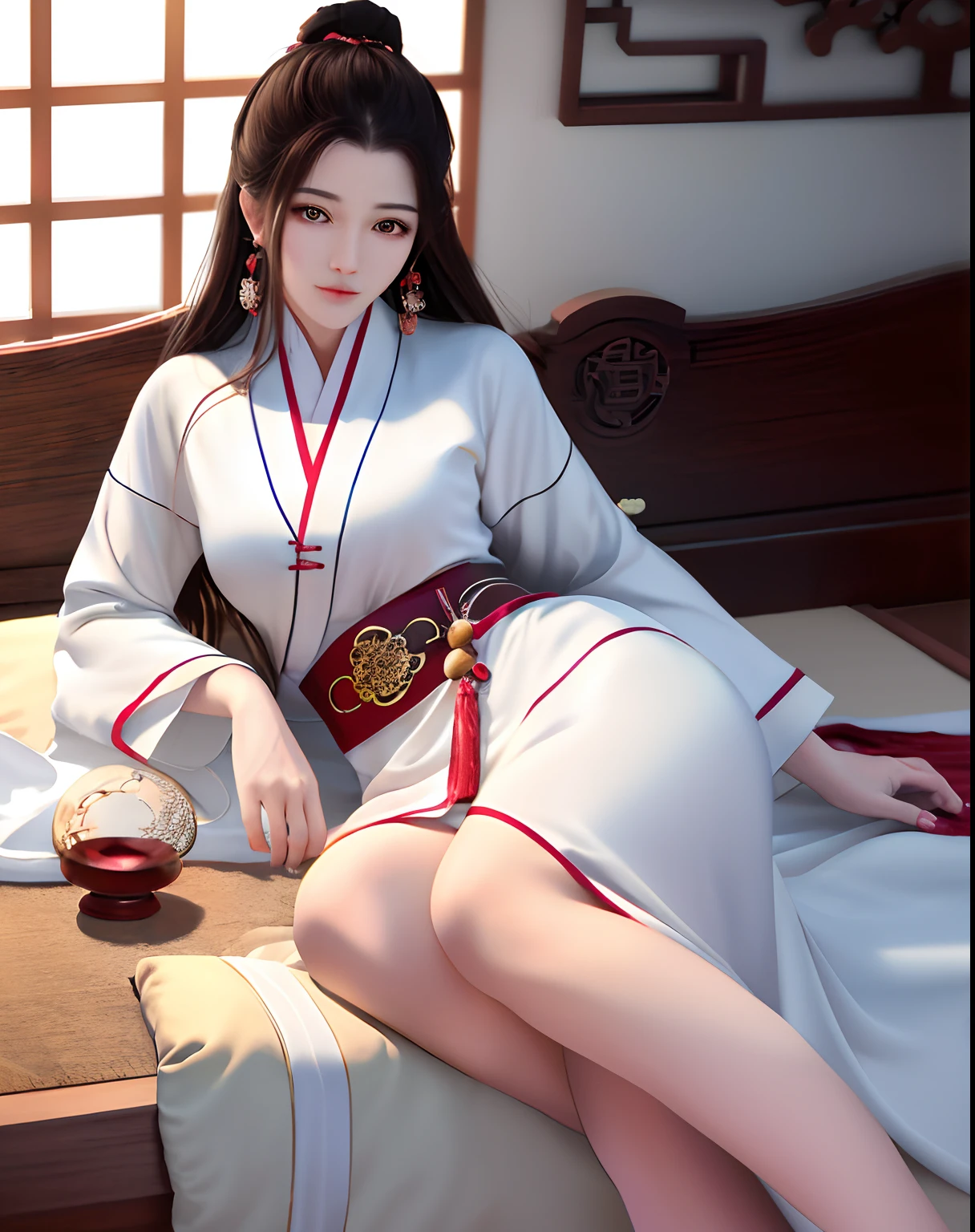 Best quality, Masterpiece, A high resolution, 1girll,Beautiful face,Chinese clothes,White Taoist robes,Ancient beds,Lie on your side on the bed in the room,One hand propped up on the bed,On the other side is the traditional wine gourd,Ruddy face,Look at the audience in fascination,Sparkling in warm light