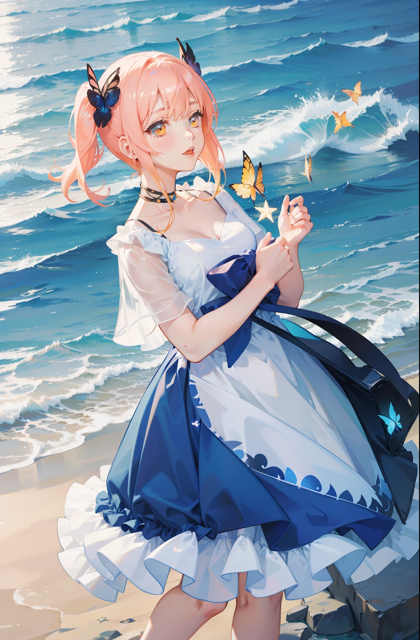 beachside,swell sea,glowworm,As estrelas,Glowing butterflies,The girl who made a wish,Two-dimensional animation style