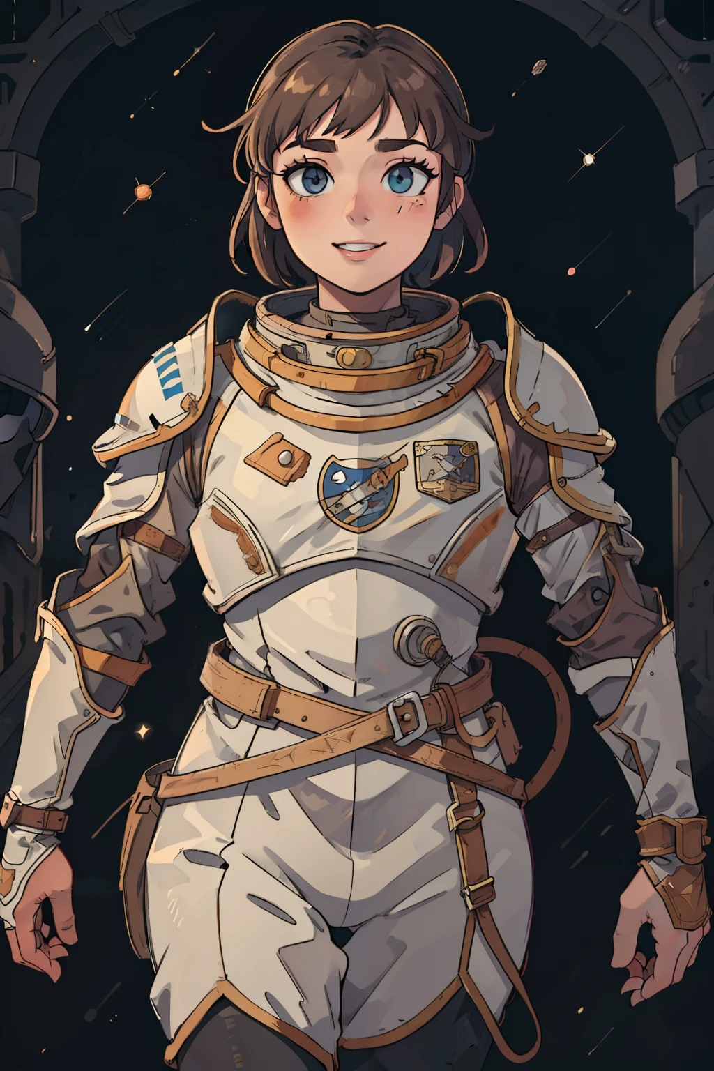 professional artwork, detailed eyes, beautiful eyes, beautiful face, flawless face, gorgeous face, smooth features, blush, short hair, beautifully detailed background, adventurous astronaut knight in armored space suit holding glowing sword made of light, space suit looks like knight armor, space suit, thick heavy space suit, environment suit, hoses and tubes on suit, dials and switches, space suit backpack, nasa, nasa punk, nasapunk, astronaut, astronaut suit, cosmonaut, medieval knight, knight armor, leather armor and metal armor, mechanical background, sci fi, science fiction, futuristic, fantasy armor, full plate armor, medieval armor, knight helmet, knight visor, grilled faceplate, large helmet, big helmet, heavy collar, vacuum seal ring around neck, life support systems, rustic material, heavy stitching, thick leathers, armored breastplate, armored chest, leather gloves, rustic craftsmanship, adventurous, adventure, cute, smiling, shoulder pads, armor, white and orange outfit, heraldry, sides of head is shaved, cropped haircut, helmet on head