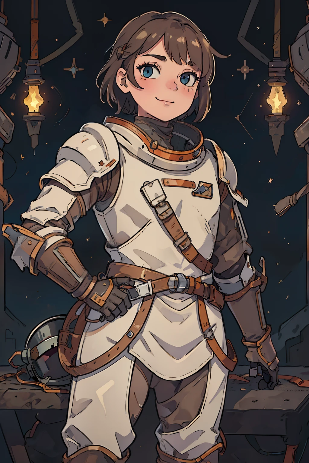 professional artwork, detailed eyes, beautiful eyes, beautiful face, flawless face, gorgeous face, smooth features, blush, short hair, beautifully detailed background, adventurous astronaut knight in armored space suit holding glowing sword made of light, space suit looks like knight armor, space suit, thick heavy space suit, environment suit, hoses and tubes on suit, dials and switches, space suit backpack, nasa, nasa punk, nasapunk, astronaut, astronaut suit, cosmonaut, medieval knight, knight armor, leather armor and metal armor, mechanical background, sci fi, science fiction, futuristic, fantasy armor, full plate armor, medieval armor, knight helmet, knight visor, grilled faceplate, large helmet, big helmet, heavy collar, vacuum seal ring around neck, life support systems, rustic material, heavy stitching, thick leathers, armored breastplate, armored chest, leather gloves, rustic craftsmanship, adventurous, adventure, cute, smiling, shoulder pads, armor, white and orange outfit, heraldry, sides of head is shaved, cropped haircut, helmet on head