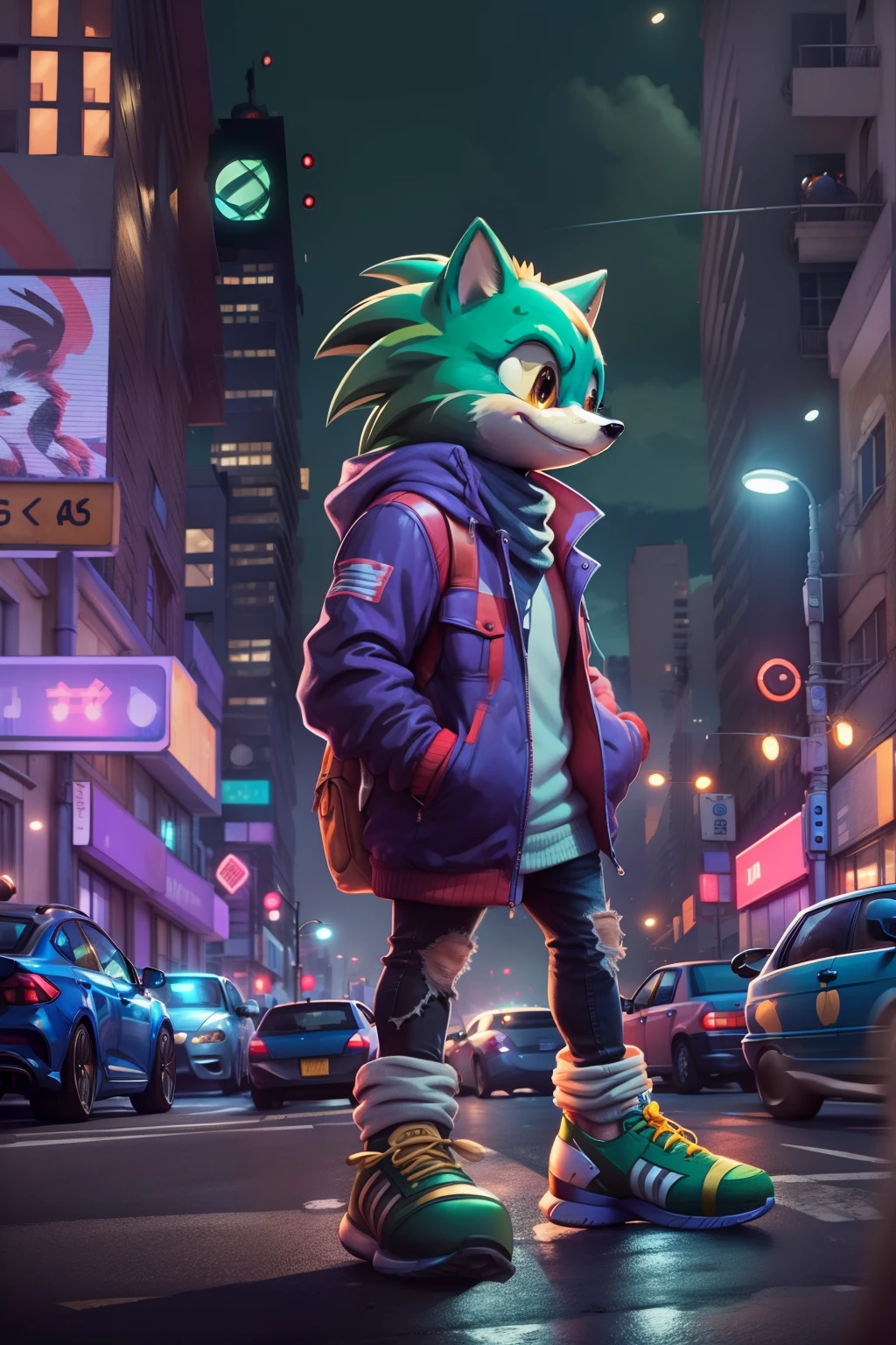 sonic the hedgehog wearing adiddas jacket, in the city, at night, street, signal lights, cars