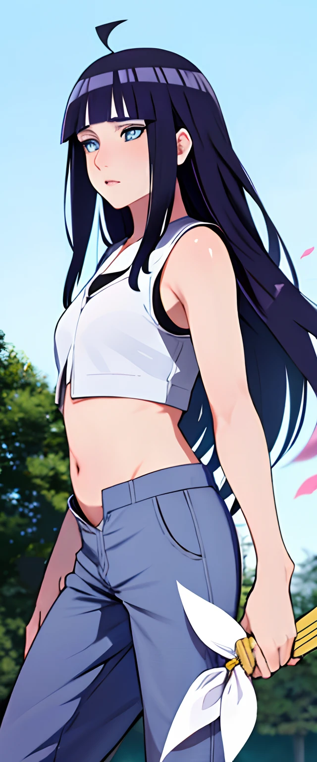Standing, hinata hyuga, hinata hyuga from naruto, sakura petals around her, her expression is solemn, blunt bangs, ((blue eyes)), looking down, crop top, coloured images, long hair, y2k style, ((long pants)), detailed character, detailed face, detailed lips, detailed eyes