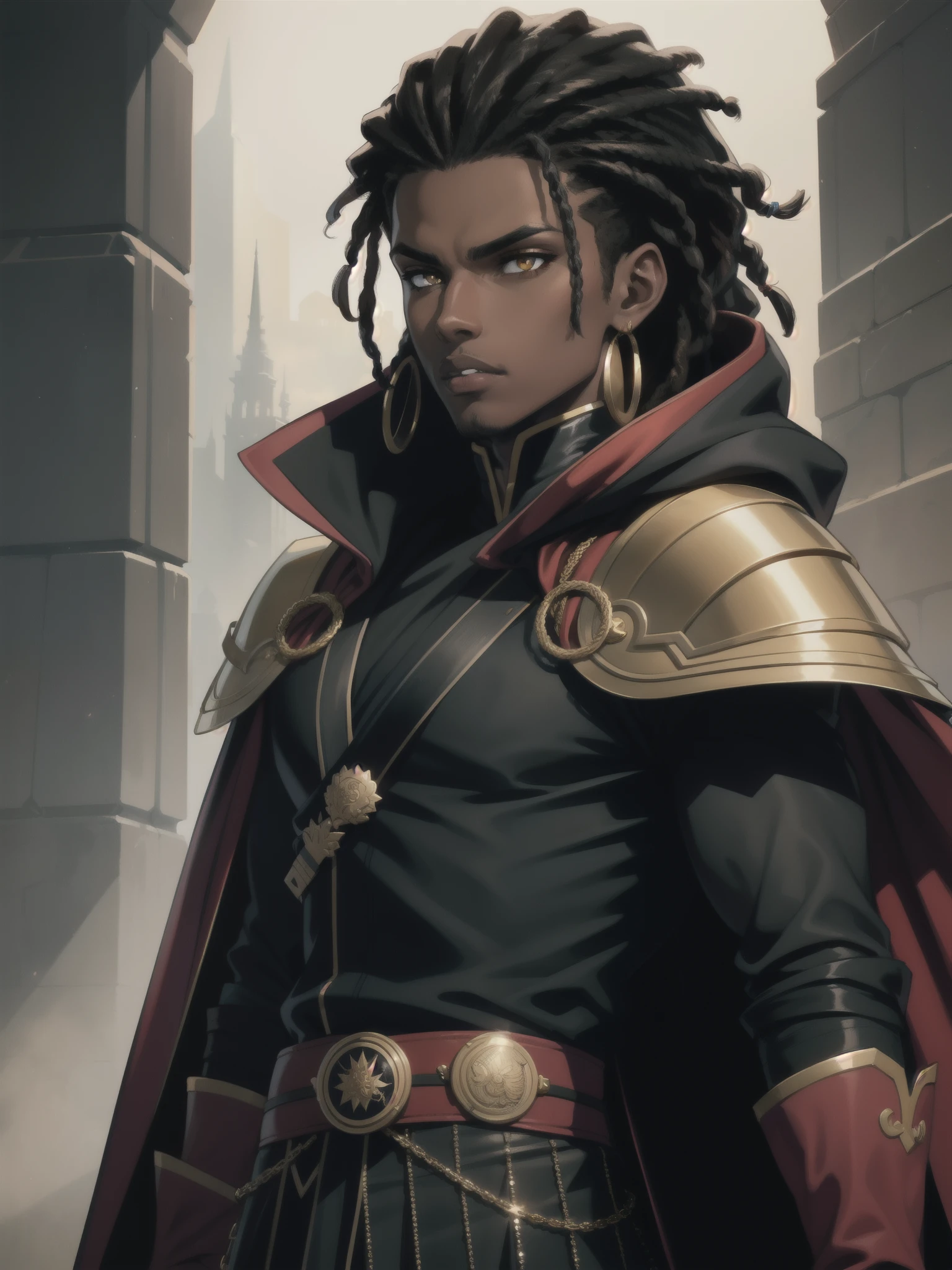 Portrait, Masterpiece, Excellent Quality, 1boy, solo, complex details, color diffusion, Prince, dark skin, ebony, brown skin, dark-skinned male, dark hair, black hair, dreadlocks, golden eyes, epic attire, assassin attire, cloaked, cloak, hooded, katana, badass, trending, demon prince, anti-hero, young, Sci-Fi, Fantasy