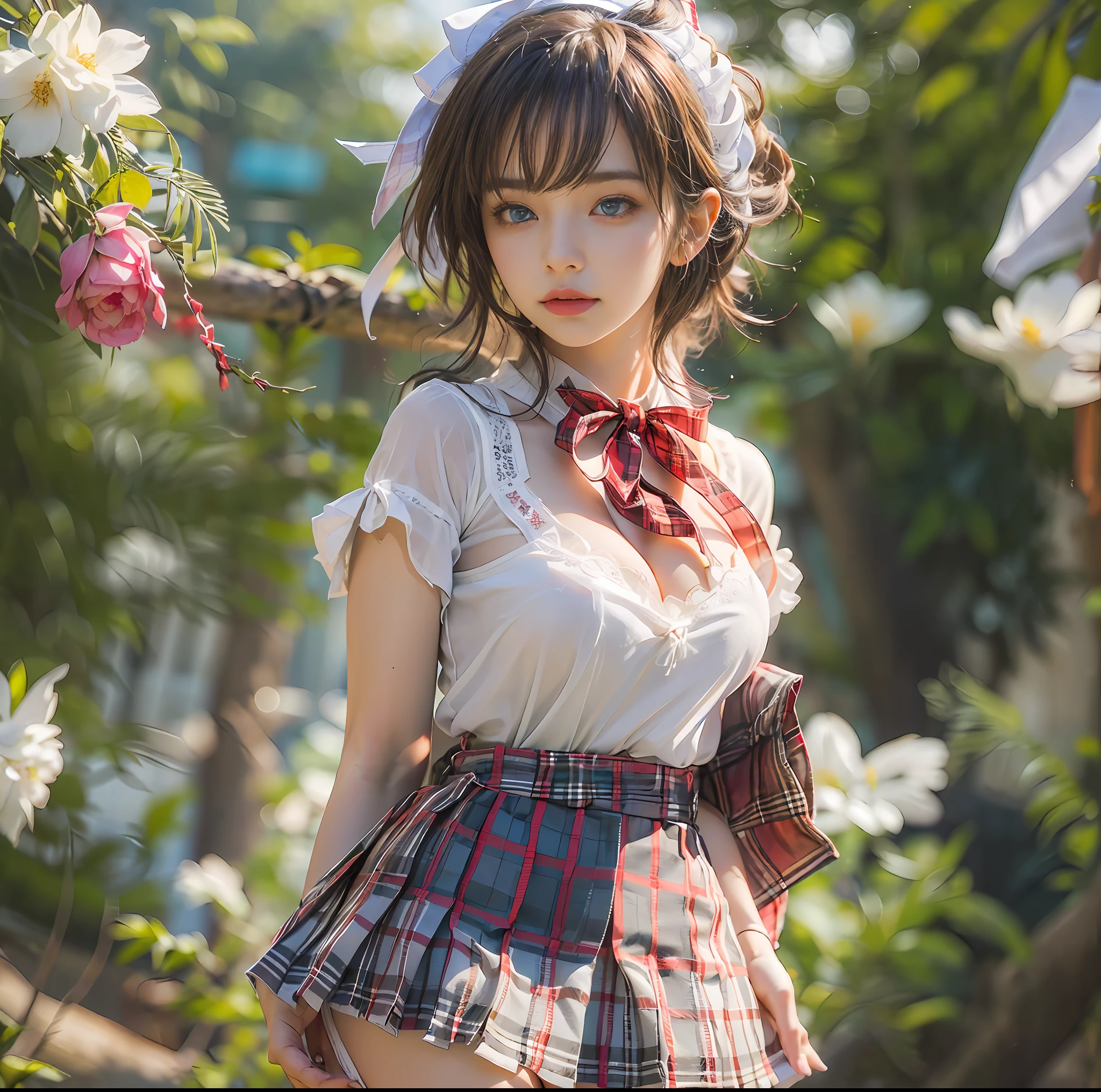 (top-quality、​masterpiece)、(Realistic lighting with shadows)、elegent、(A hyper-realistic:1.5)、Stylish, canny, traditional, artistic, intricate detailes、(Perfect anatomical depiction of the human body)、1girl in, ( Huge breasts :1.5), She is a teenage girl、(Beautiful bright blue eyes squinting dazzlingly)、(Small bite without lipstick)、Brunette hair fluttering in the wind、She has half-up hair that shines in the backlight of the setting sun, Eta、She is a schoolgirl summer outfit、 (The skirt is a tartan plaid micro mini pleat:1.5)、(Neat white blouse:1.5)、(Low cut white panties:1.5)、 (Thin crimson ribbon ties:1.5), The blouse closes tightly from the neck to the skirt, (The blouse is very cramped:1.5)、 (Pose backwards with your butt sticking out:1.5)、Shot in a garden full of flowers at sunset、This is a photo taken with squinted eyes and a cute smile..., (She pulls her skirt wide with one hand to show her ass.:1.5),　(Emphasis on sticking out the proud big ass:1.5), ((Butt shot)), (the face is chubby:1.3), perfect anatomia, irene1, jkmicroskirt, (Blatantly show your proud ass and wait for a reaction:1.5), (photographed from the back:1.5), (Shot from below:1.5)
