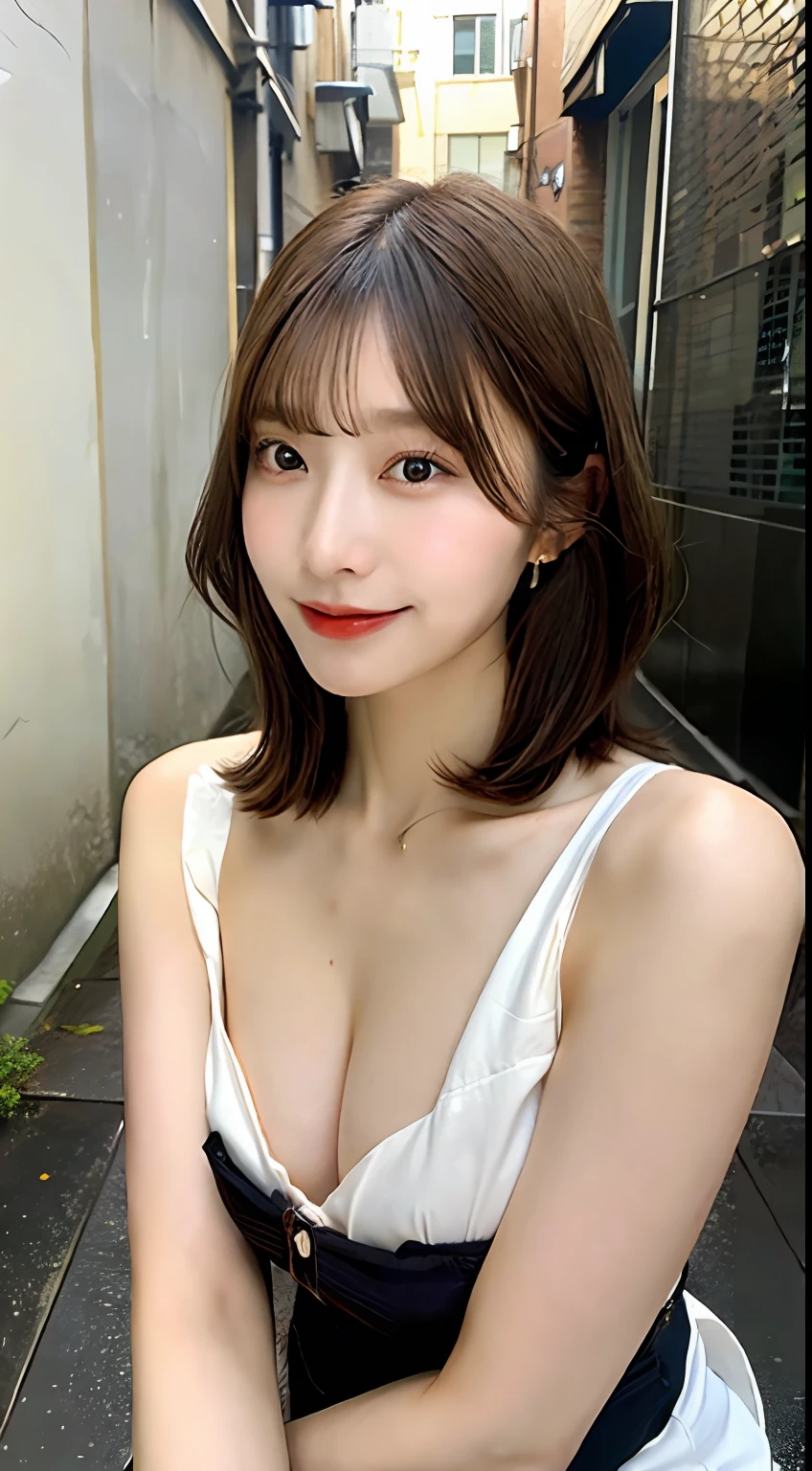 ((Top Quality, 8k, Masterpiece: 1.3)), Photoreality (1.4)), Raw Photo, Single Woman, Light Brown Hair, Bob Cut, Super Delicate Face Japan, Delicate Eyes, Double Eyelids, Light Smile, (Black Underwear with Holes: 1.2), (Big: 2), (Sitting Open Crotch: 1.5), Back Alley, (Chest Focus: 1.2), (Perspective: Chest)