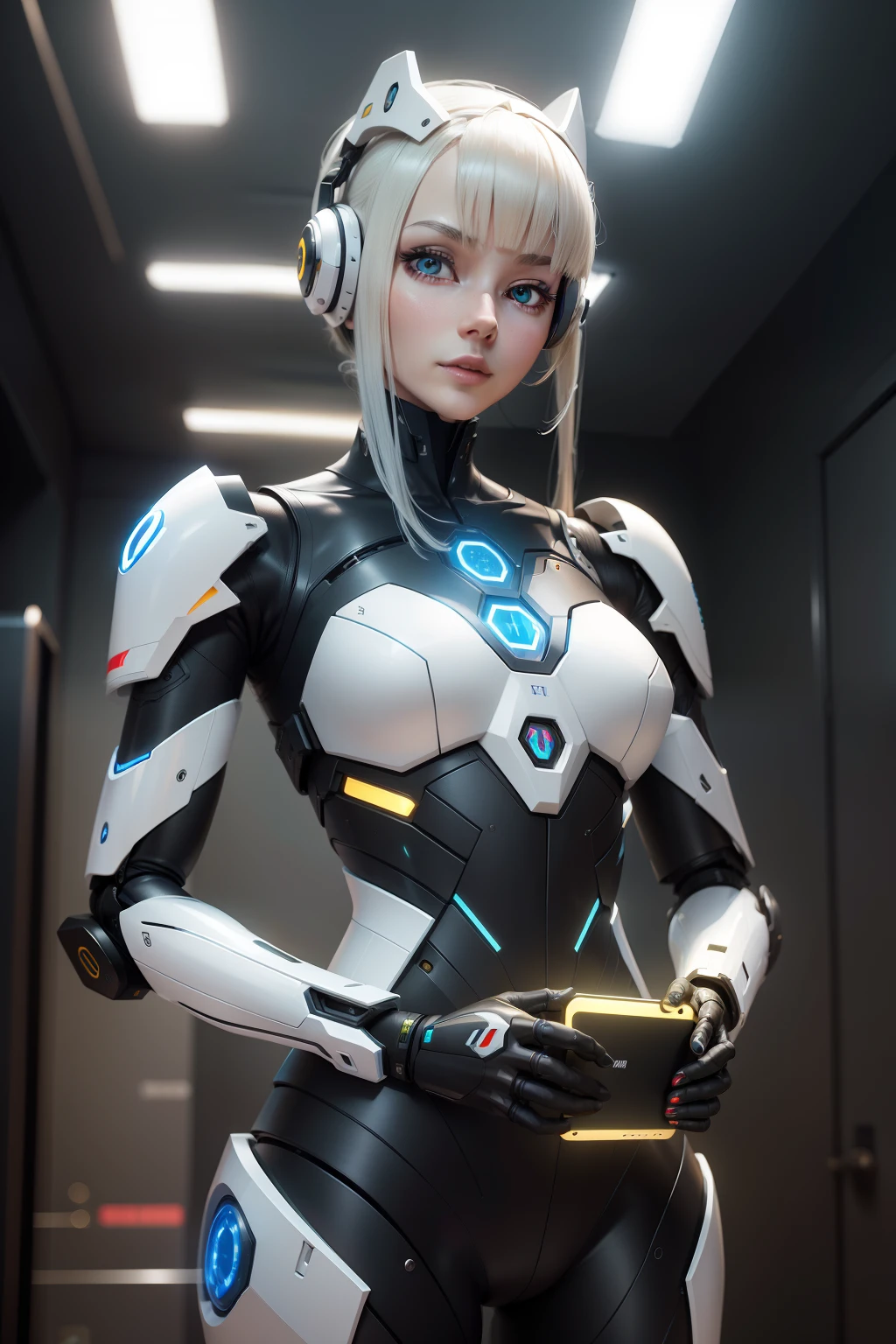 "Highly advanced humanoid robot effortlessly holding a sleek and modern smartphone."
