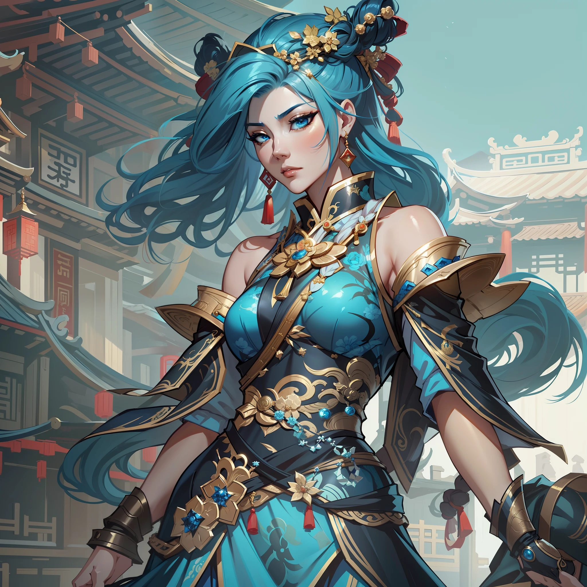 a close up of a short woman in her 30's, with blue eyes and ocean blue hair, wearing a blue and black gown dress, a chinese empress with blue eyes, female swordswoman, chinese princess, standing in a chinese temple, new costume concept design, in the style of blade and soul, full body character concept, detailed character design, inspired by Yang Jin, inspired by Li Mei-Shu, lunar themed attire, costume with gold accents, inspired by Ju Lian, colored concept art, highly detailed character design, highly detailed face, inspired by Ai Xuan, very highly detailed face, unreal engine render, final fantasy 14 style