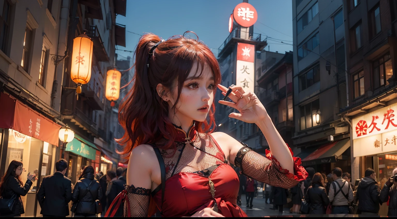 (realisitic,Photorealsitic:1.4),(1 beauty:1.3),(beautiful countenance:1.5),Detailed shiny skin,A detailed eye,Precise hands and fingers,8K HDR, , masterpiece, (Dynamic Angle Video),电影灯光, Finely drawn backgrounds,(The dim,dramatic lighting,No sunlight)Chinese model,ragged clothes,Hair with red mesh,Ruffled hair,Belgrade,tourist destination,Surprised,Smaller chest,