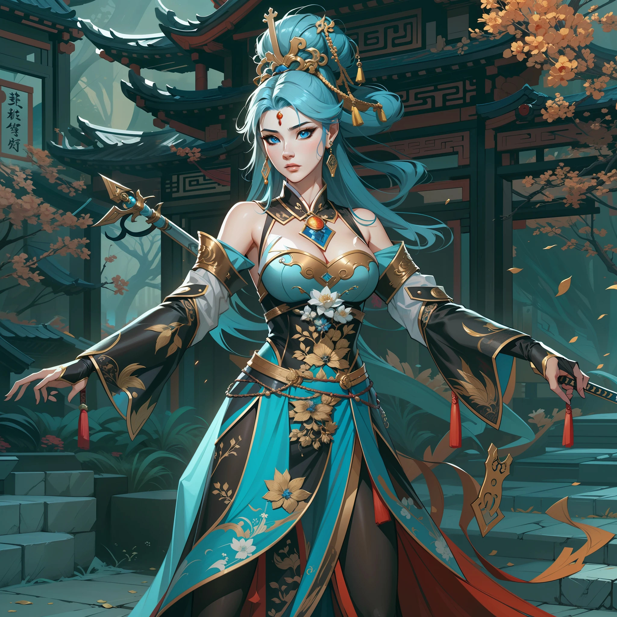 a close up of a short woman in her 30's, with blue eyes and ocean blue hair, wearing a blue and black gown dress, a chinese empress with blue eyes, female swordswoman, chinese princess, standing in a chinese temple, new costume concept design, in the style of blade and soul, full body character concept, detailed character design, inspired by Yang Jin, inspired by Li Mei-Shu, lunar themed attire, costume with gold accents, inspired by Ju Lian, colored concept art, highly detailed character design, highly detailed face, inspired by Ai Xuan, very highly detailed face, unreal engine render, final fantasy 14 style