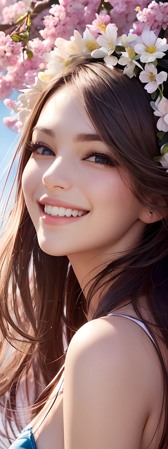 obra maestra, mejor calidad, happy beautiful girl, hermosa sonrisa,atuendo de primavera, cabello colorido, al aire libre, portada de revista, (revista "Valeriux": 1.7), parte superior del cuerpo, luz de primavera