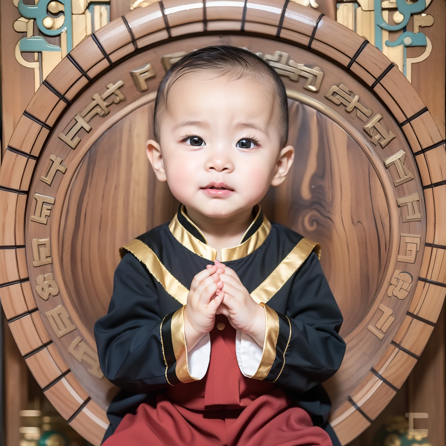 Two-year-old little monk，ultra cute，Looks sweet，Two-year-old toddler face，，bald-headed，Wear a Chinese yellow cassock，Sit cross-legged in the right direction，Eloquent，fold hands to chest，Works of masters，super-fine，Close-up，16k