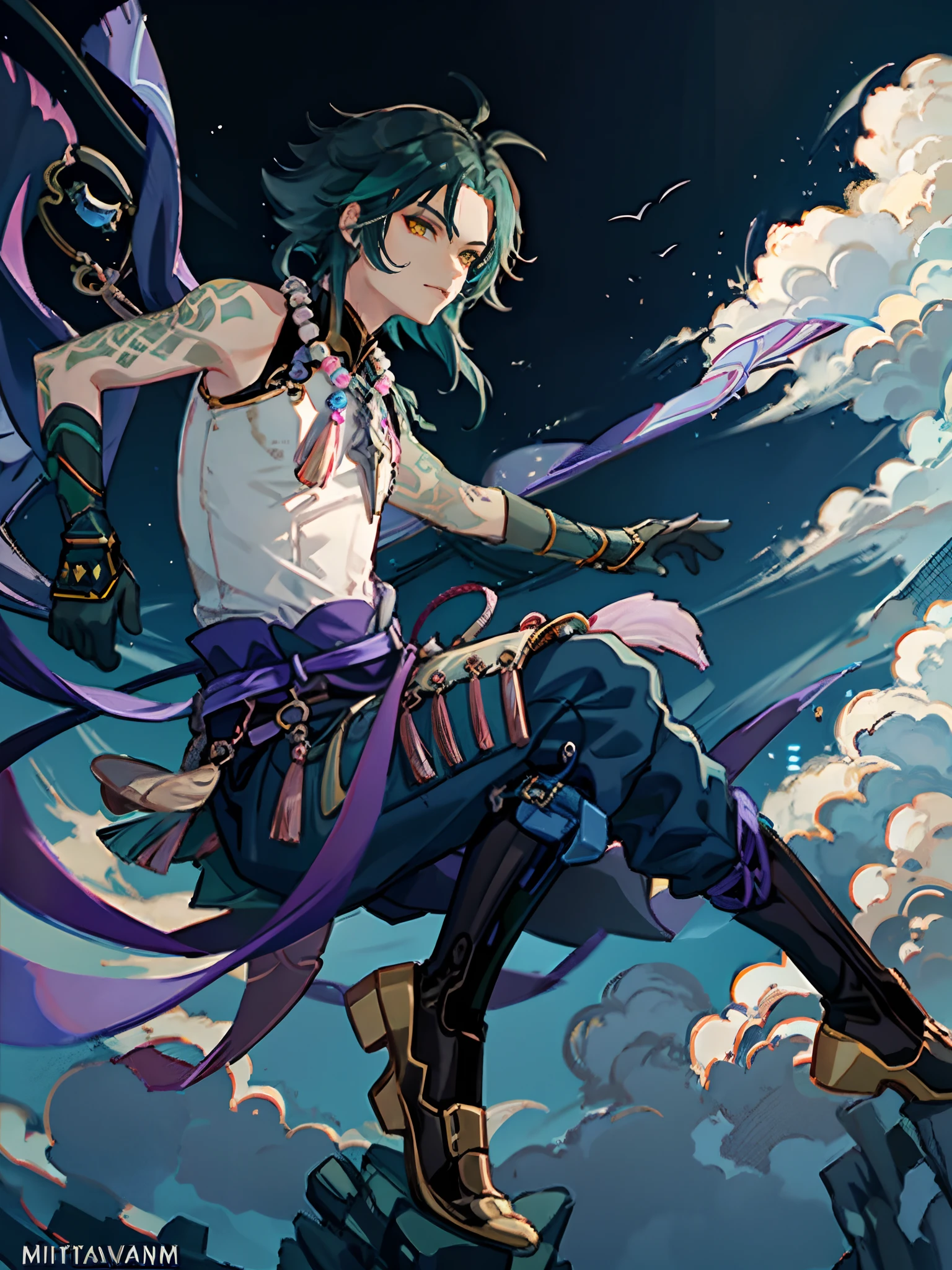 Masterpiece, Best quality,1boy, Male focus, Solo, Look like (Genshin Impact), mitts, tattoo, arm tattoos, necklace, Cloud, jewelry, Mask, sky, Green hair, bead necklace, multicolored hair, Night, Beads, Yellow eyes, Moon, view the viewer, arma, Cloudy sky,(kbxll:0.5)