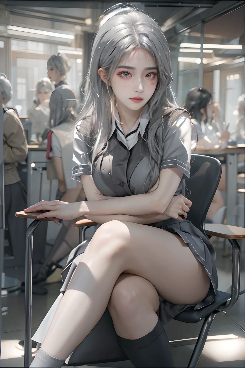 masterpiece, best quality, high quality, High definition, High quality texture, High quality shadow, high detail, realistic, Cinematic Light, side lighting, Lens Flare, Ray tracing, sharp focus, (1girl, low-shot , sitting on a chair, none expression, holding a clan , huge breasts , thick thighs , student uniform , grey hair , breasts squeeze :1.3), (intricate details, makeup, PureErosFace_V1:1.0 ),