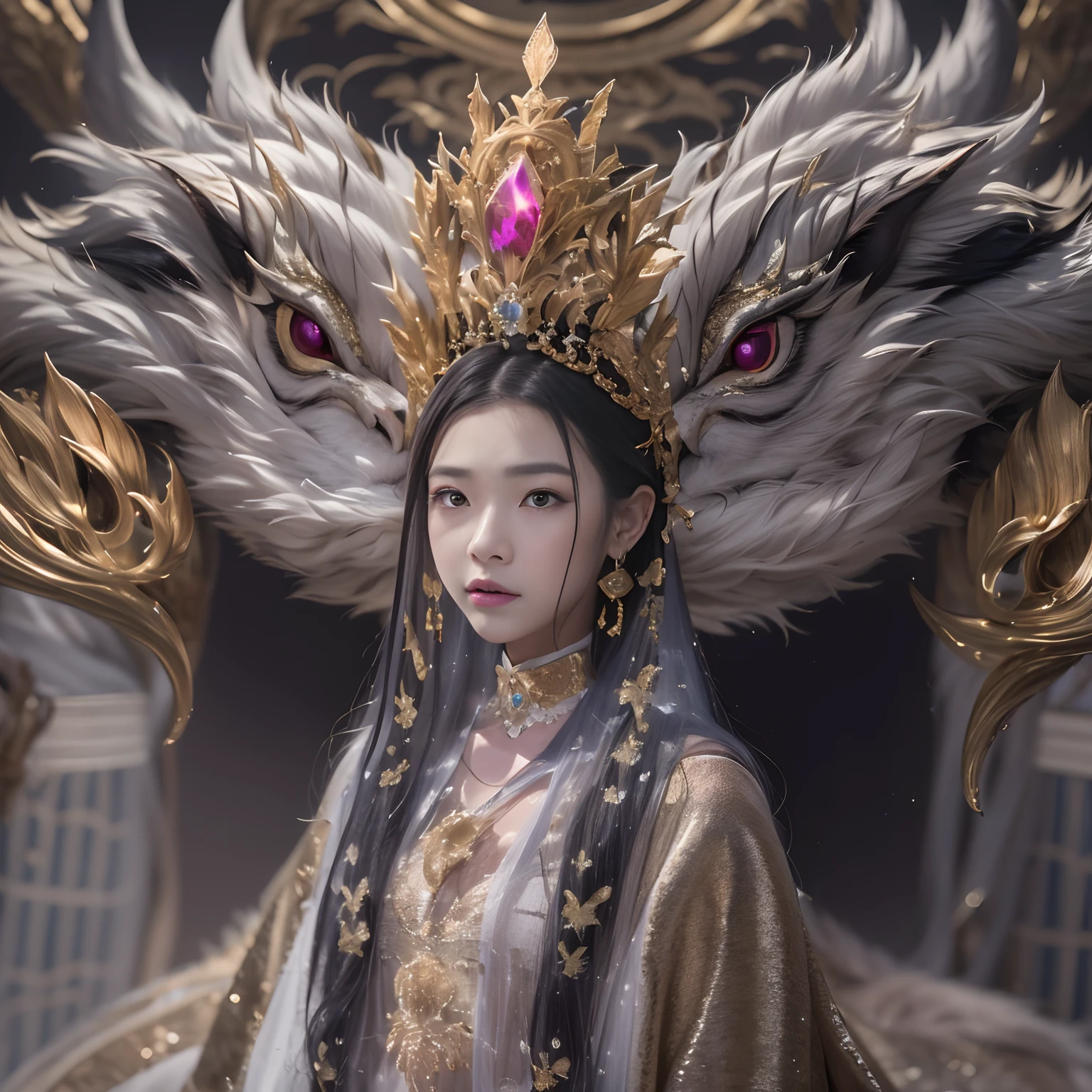16k（tmasterpiece，k hd，hyper HD，16k）short detailed hair，Gold jewelry area in the back room，King Girl ，Silver Dragon Protector （realisticlying：1.4），Python pattern robe，Purple-pink tiara，Snowflakes fluttering，The background is pure，Hold your head high，Be proud，The nostrils look at people， A high resolution， the detail， RAW photogr， Sharp Re， Nikon D850 Film Stock Photo by Jefferies Lee 4 Kodak Portra 400 Camera F1.6 shots, Rich colors, ultra-realistic vivid textures, Dramatic lighting, Unreal Engine Art Station Trend, cinestir 800，Hold your head high，Be proud，The nostrils look at people