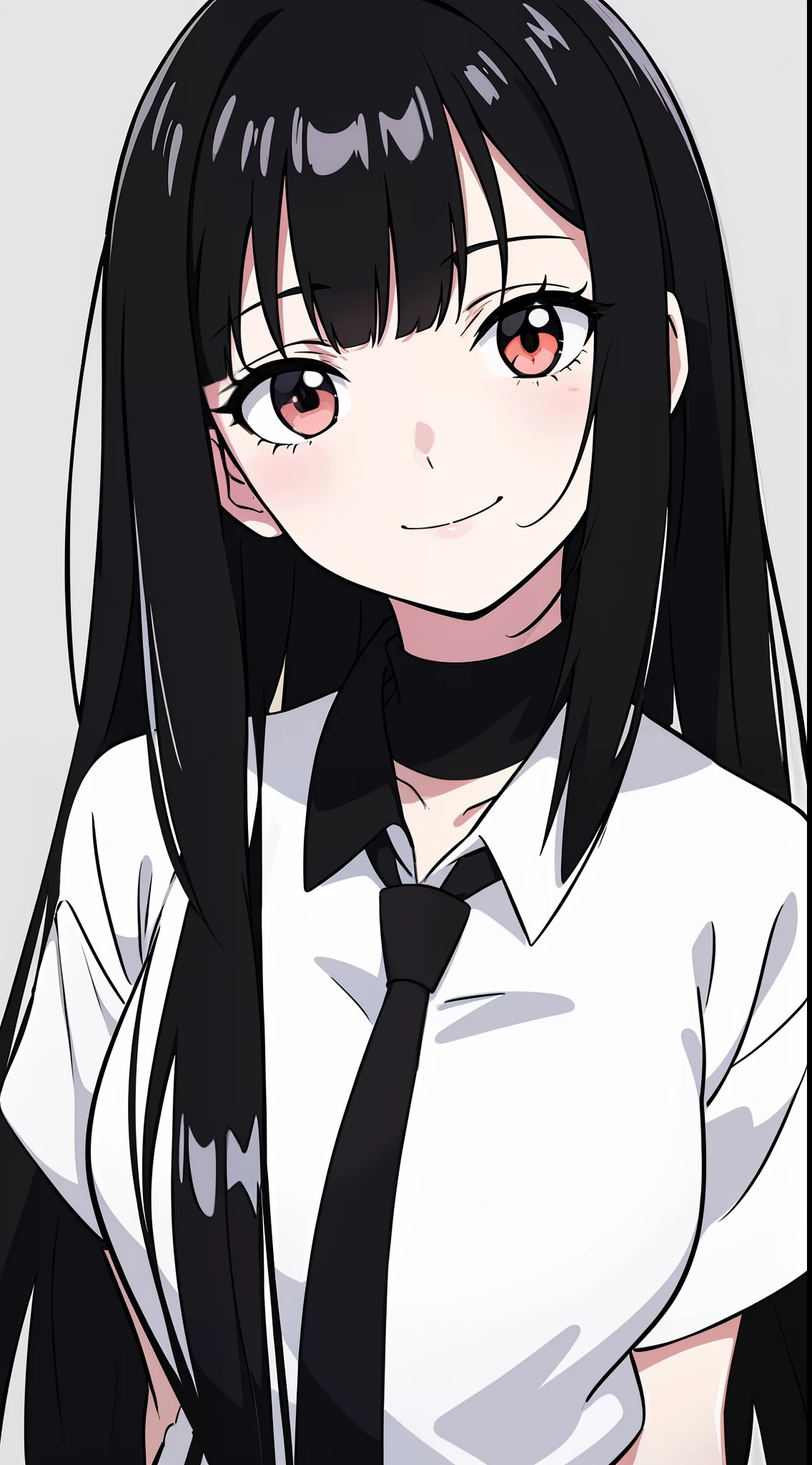 anime girl with long black hair and a white shirt and tie,((black and white portrait)),black and white picture,Smile,minimalist painting,Simple strokes,messy hair,Cluttered lines,Messy bangs