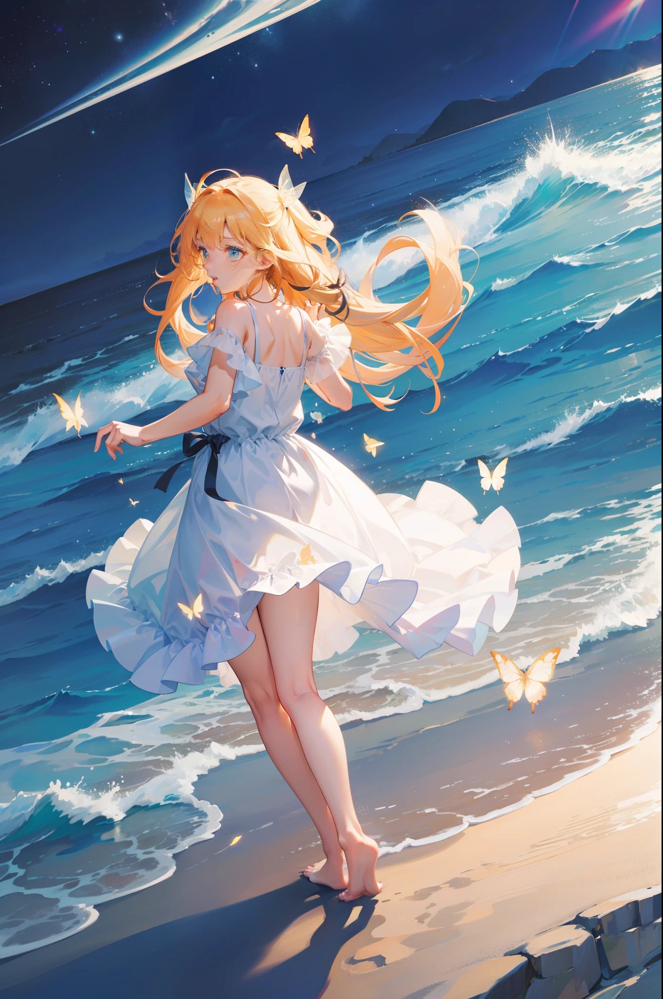 beachside,swell sea,glowworm,As estrelas,Glowing butterflies,Two-dimensional animation style