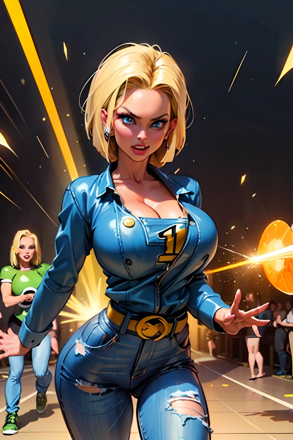 (((1 girl, cute, ((android 18)), gigantic breasts:1.2), denim jacket, black top, blond, short hair, bob hair, side parted hair, blue eyes))), (((blond hair))),
dynamic poses, manga style, depicting a group of characters in various action scenes, from intense battles to lighthearted moments, with dramatic speed lines and bold sound effects, capturing the excitement and energy of the story, Laser rays from the palm of hand, Attack forward with palm, yellowstone park, Grand Canyon,