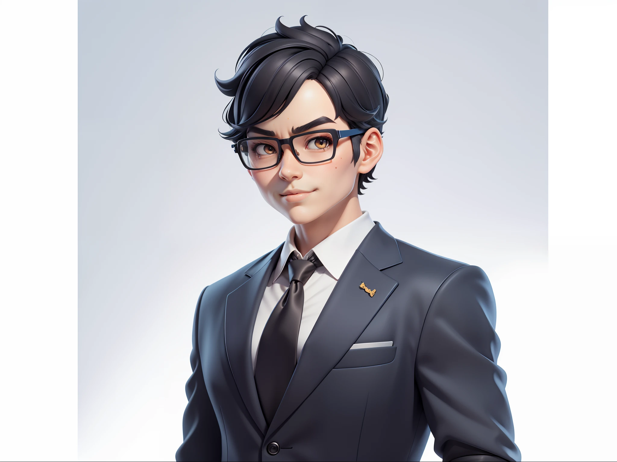 (Masterpiece), (Excellent), (Super Meticulous), (Full Body: 1.2), Super Young Woman, Beautiful, Sexy, Bursting, Oriental Face, TV Anchor, Bust Portrait Illustration, Alone, Black Suit, Blue Tie, Silver Glasses, Slightly Chubby Face, Very Clean Face, No Beard, Black Super Short Hair, Black Eyes, Confident Smile, 3c Computer Sub-Products, iPad, iPhone, Digital Painting, 3D Character Design by Mark Claireldon and Pixar and Hayao Miyazaki, The illustration is a high-definition illustration in 4K resolution with very detailed facial features and cartoon-style visuals.